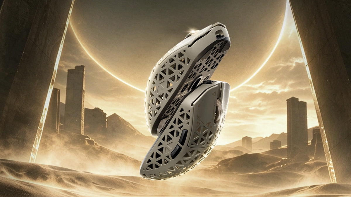 Two white lattice-shell gaming mice floating above golden desert dunes, beneath a giant ringed planet and ancient stone pillars