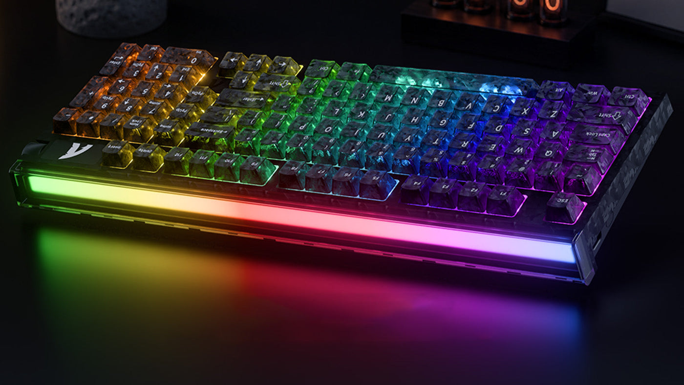 RGB mechanical keyboard with translucent keycaps and side light bar on a dark gaming desk