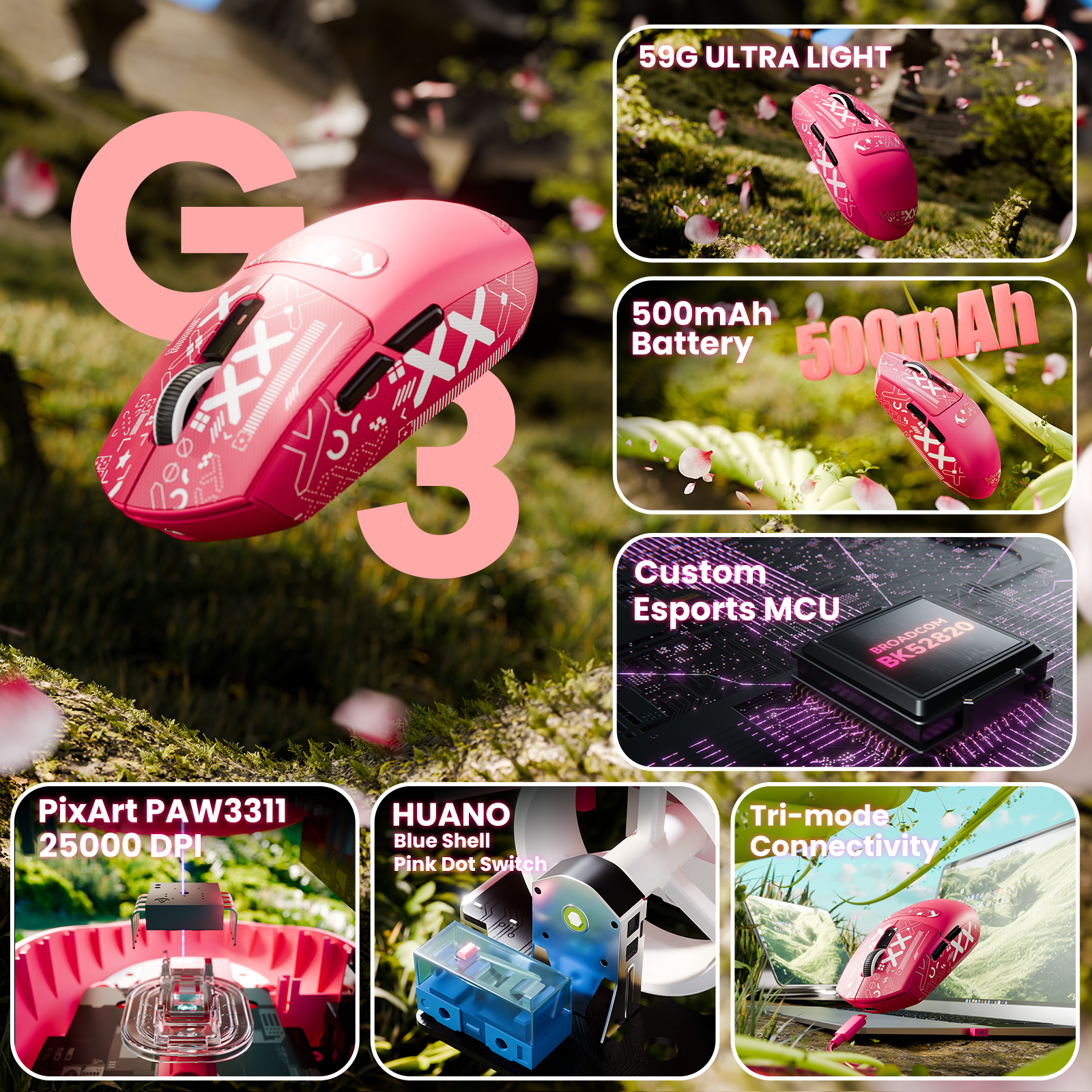 Mouse Gamer Sem Fio Tri-modo ATTACK SHARK G3 25000 DPI Ultraleve