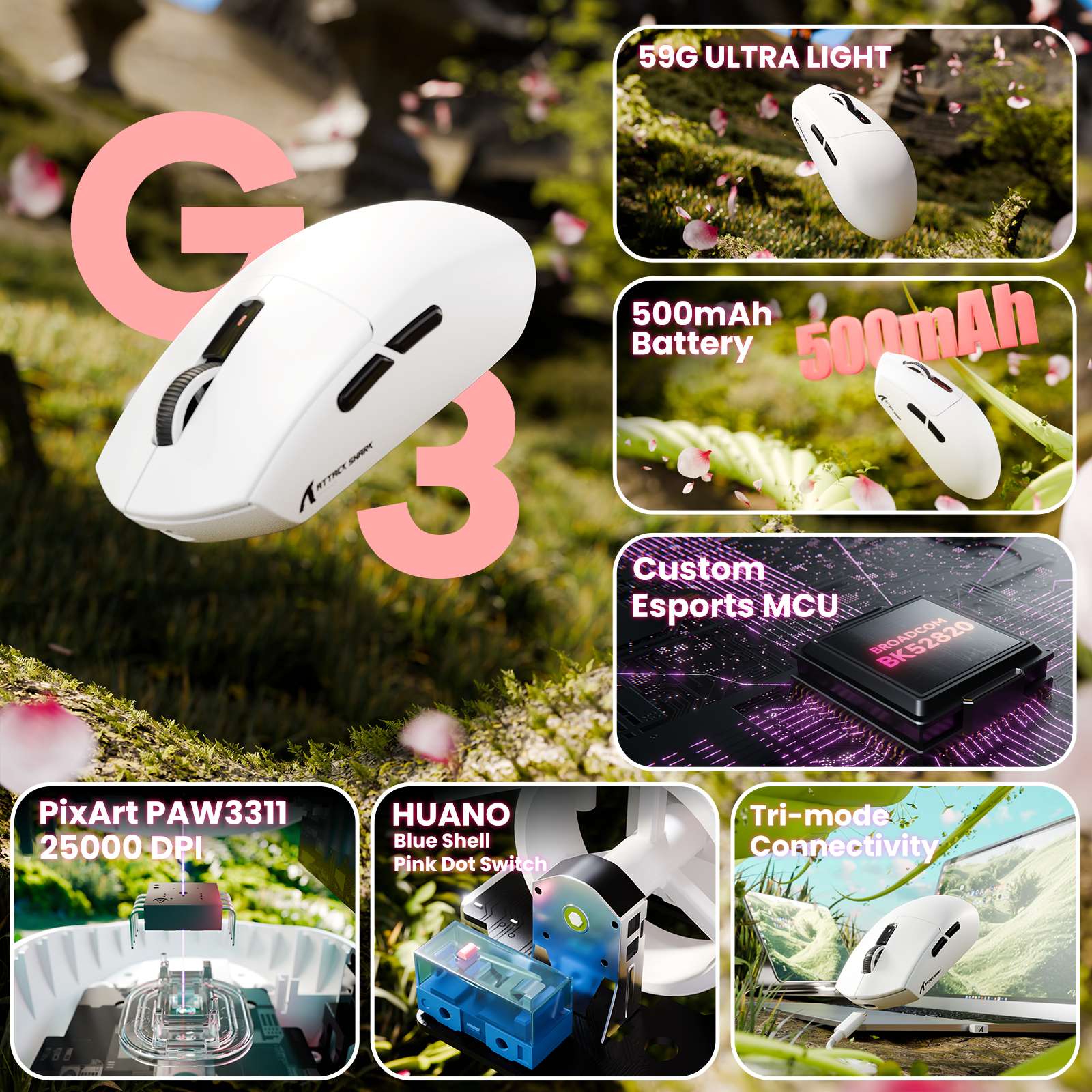 Mouse Gamer Sem Fio Tri-modo ATTACK SHARK G3 25000 DPI Ultraleve