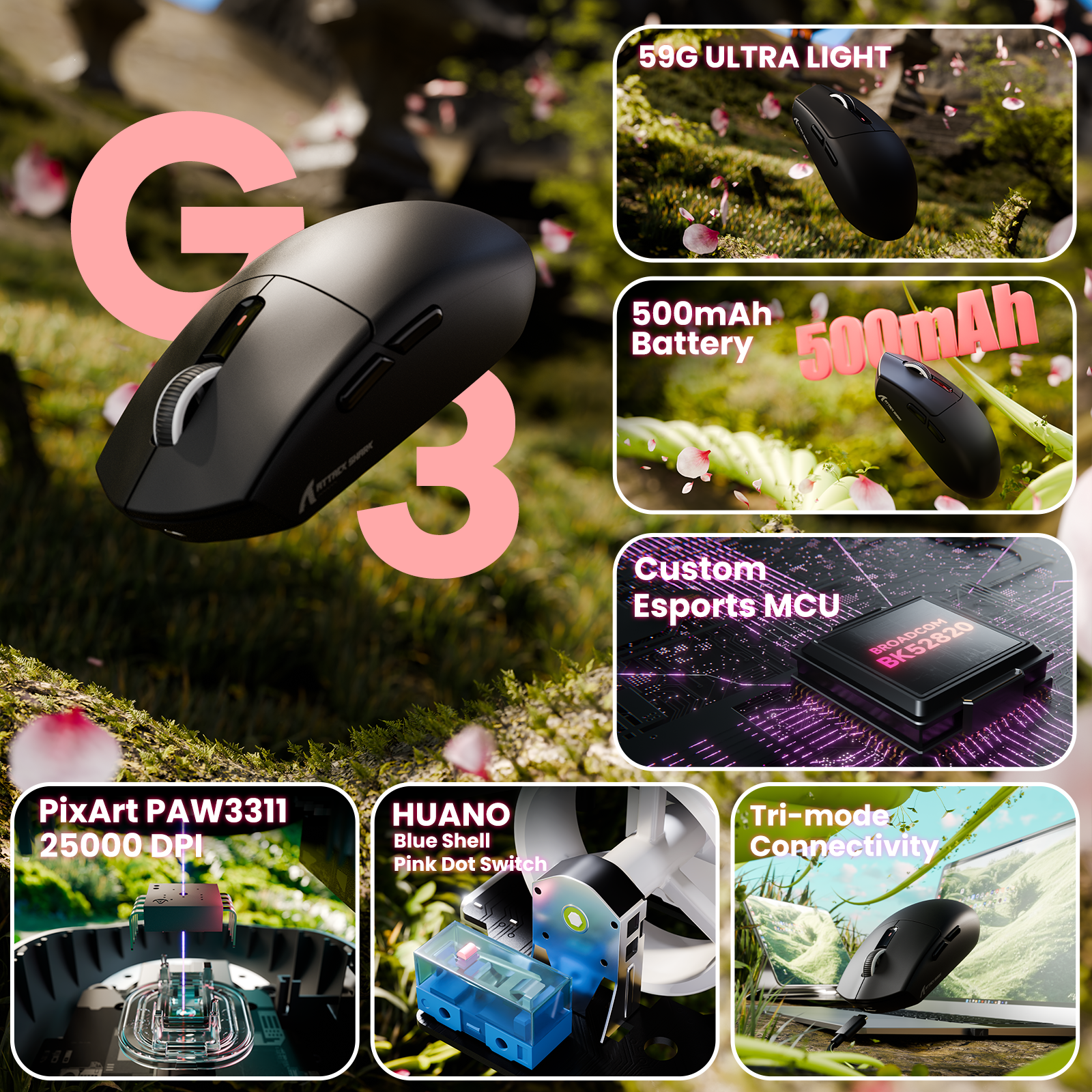 Mouse Gamer Sem Fio Tri-modo ATTACK SHARK G3 25000 DPI Ultraleve