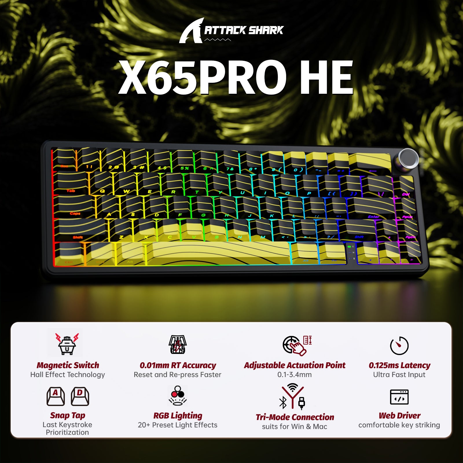 ATTACK SHARK X65PRO HE Teclado Rapid Trigger Sem Fio com Switch Magnético