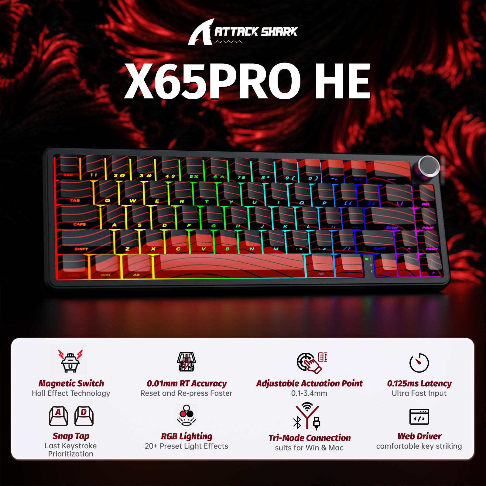 ATTACK SHARK X65PRO HE Teclado Rapid Trigger Sem Fio com Switch Magnético