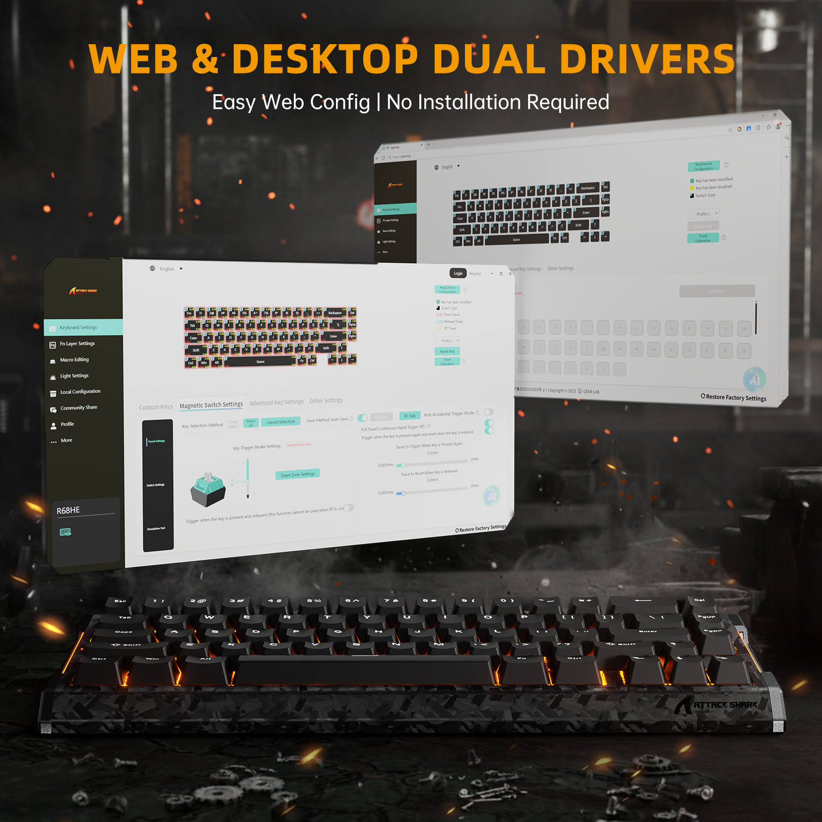 Teclado ATTACK SHARK R68 HE Rapid Trigger com Switch Magnético em Fibra de Carbono