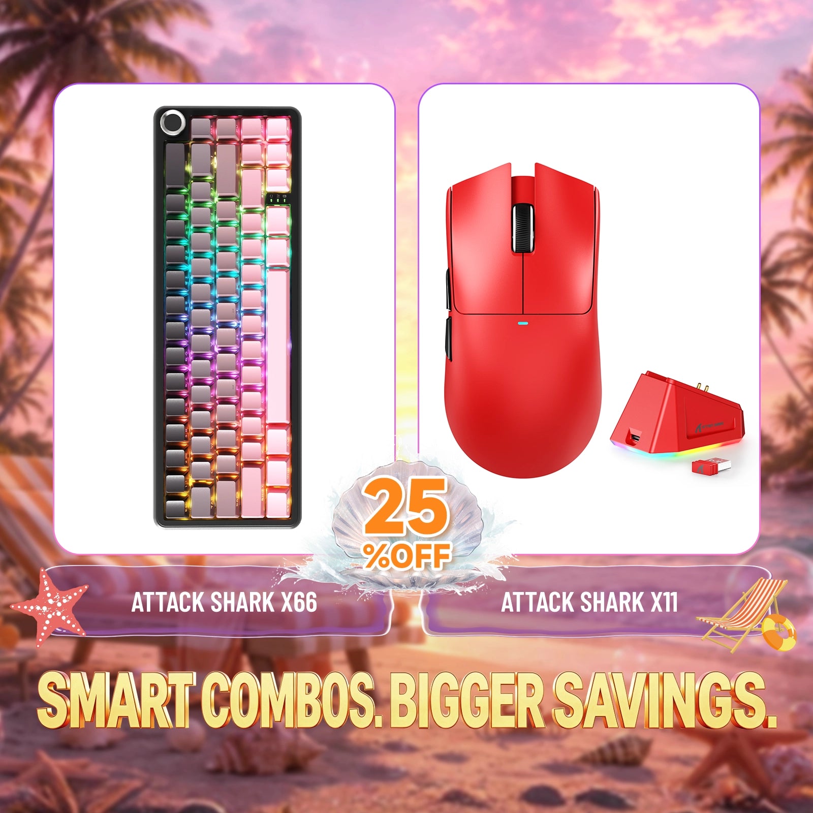 Kit ATTACK SHARK X66 Teclado Mecânico Sem Fio + Mouse Gamer Sem Fio X11