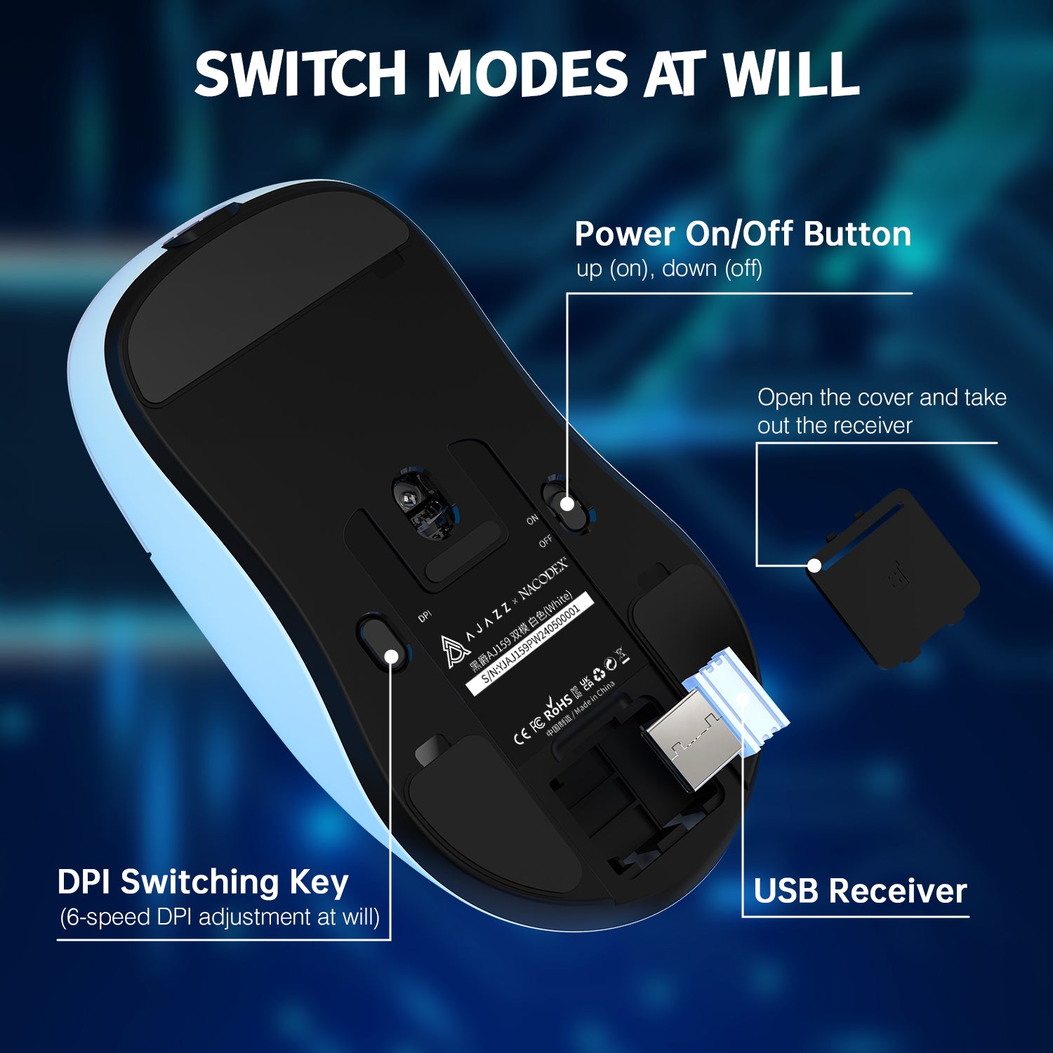 ATTACK SHARK x AJ159P Tri-mode Gaming Mouse bottom view showing USB receiver, DPI switching key, and power switch.