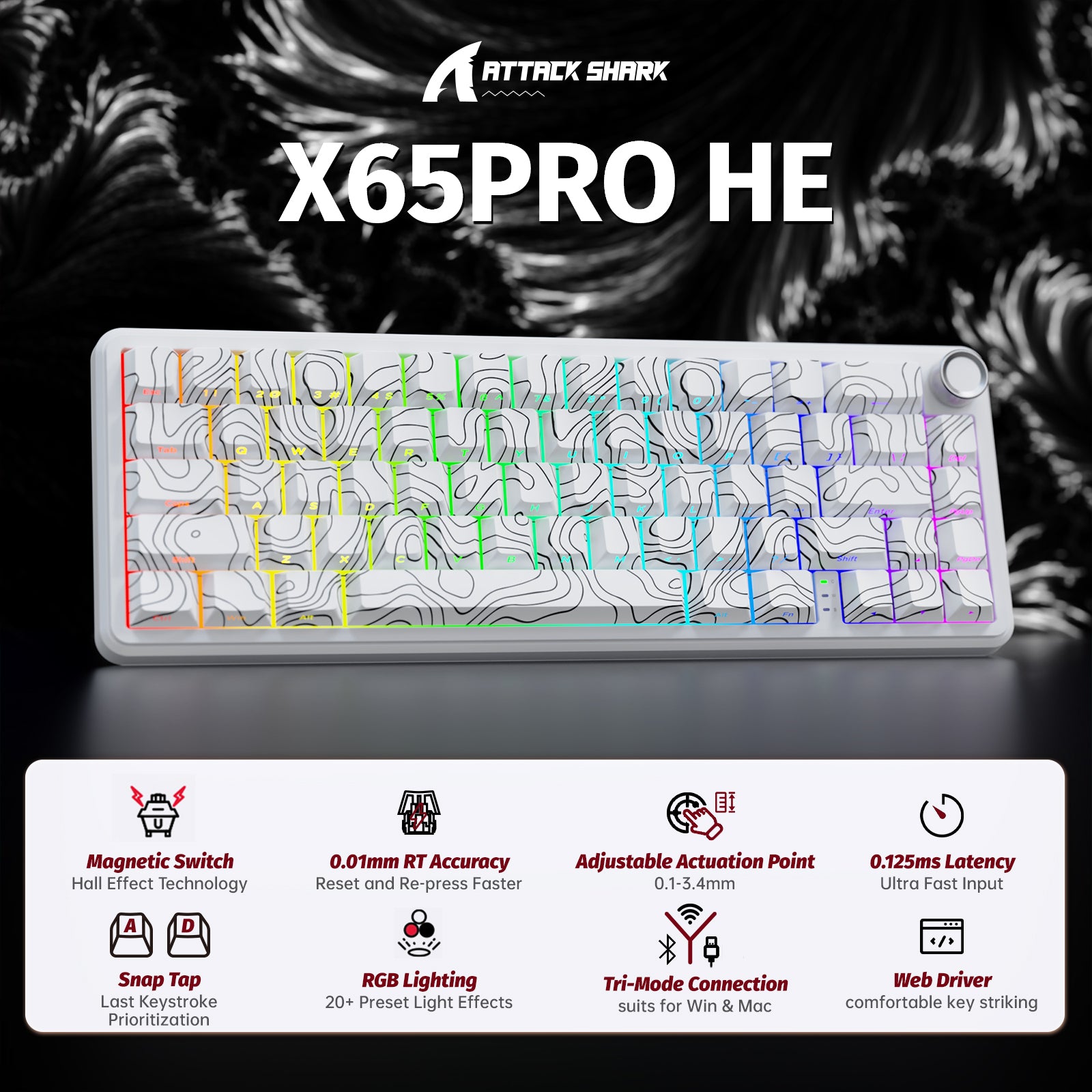 ATTACK SHARK X65PRO HE Teclado Rapid Trigger Sem Fio com Switch Magnético