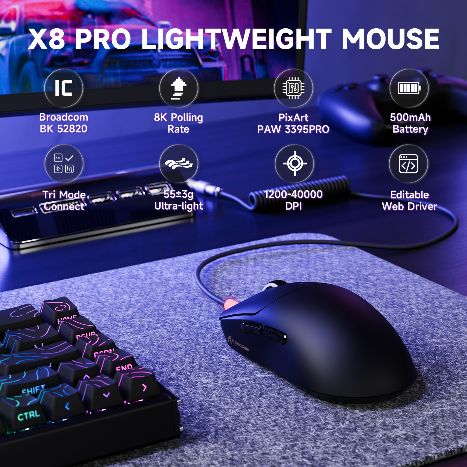 Mouse Gamer Sem Fio Ultra-Leve ATTACK SHARK X8PRO & Cabo C06ULTRA