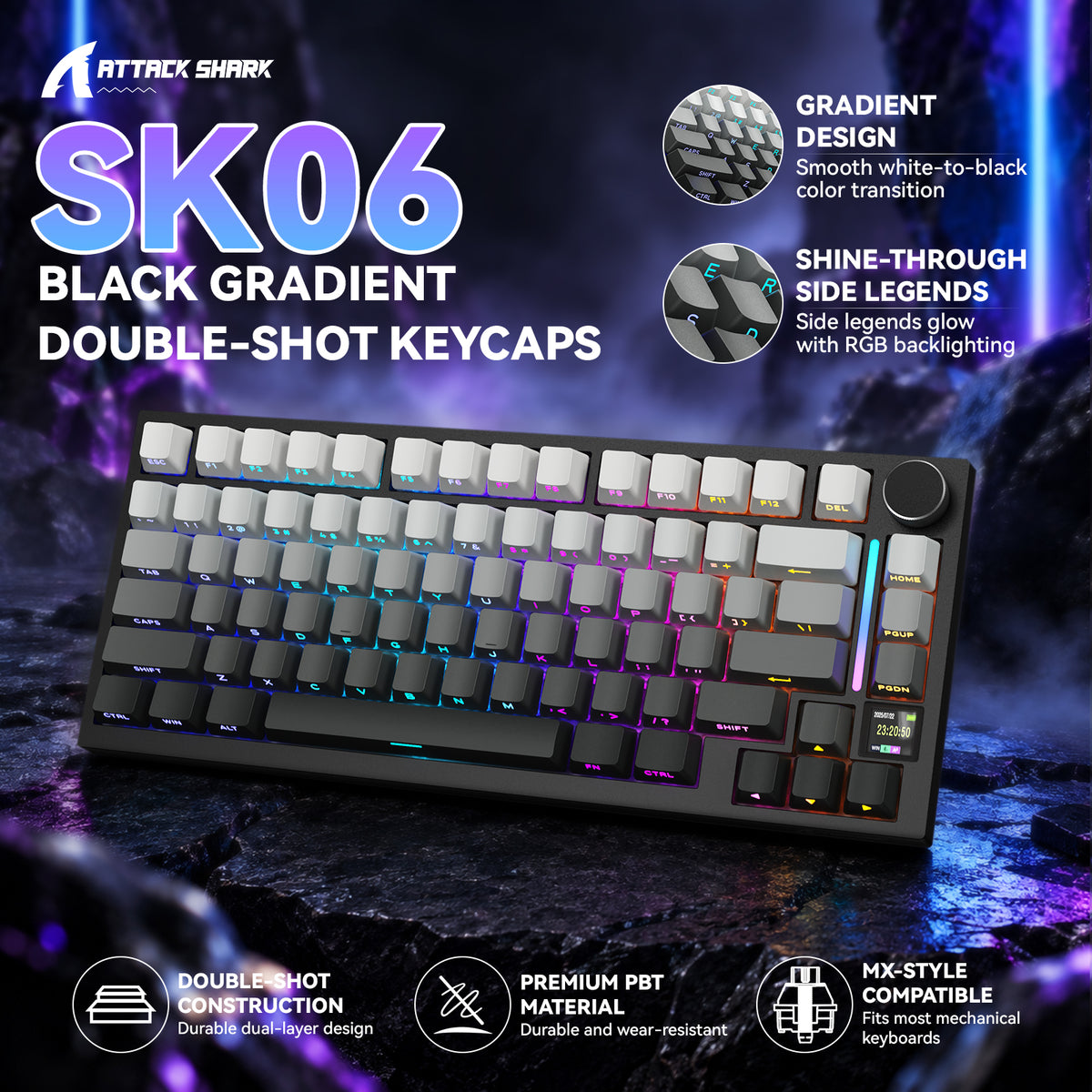 ATTACK SHARK SK06, 135 teclas, keycaps translúcidas com iluminação, ANSI/ISO