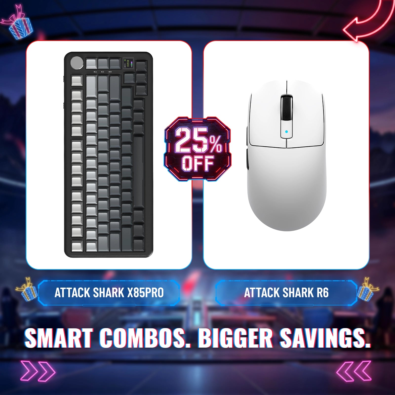 Teclado Mecânico com Gasket Tri-modo ATTACK SHARK X85PRO + Bundle de Mouse Gamer Sem Fio R6