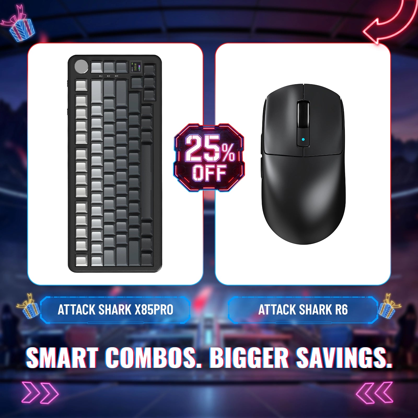 Teclado Mecânico com Gasket Tri-modo ATTACK SHARK X85PRO + Bundle de Mouse Gamer Sem Fio R6
