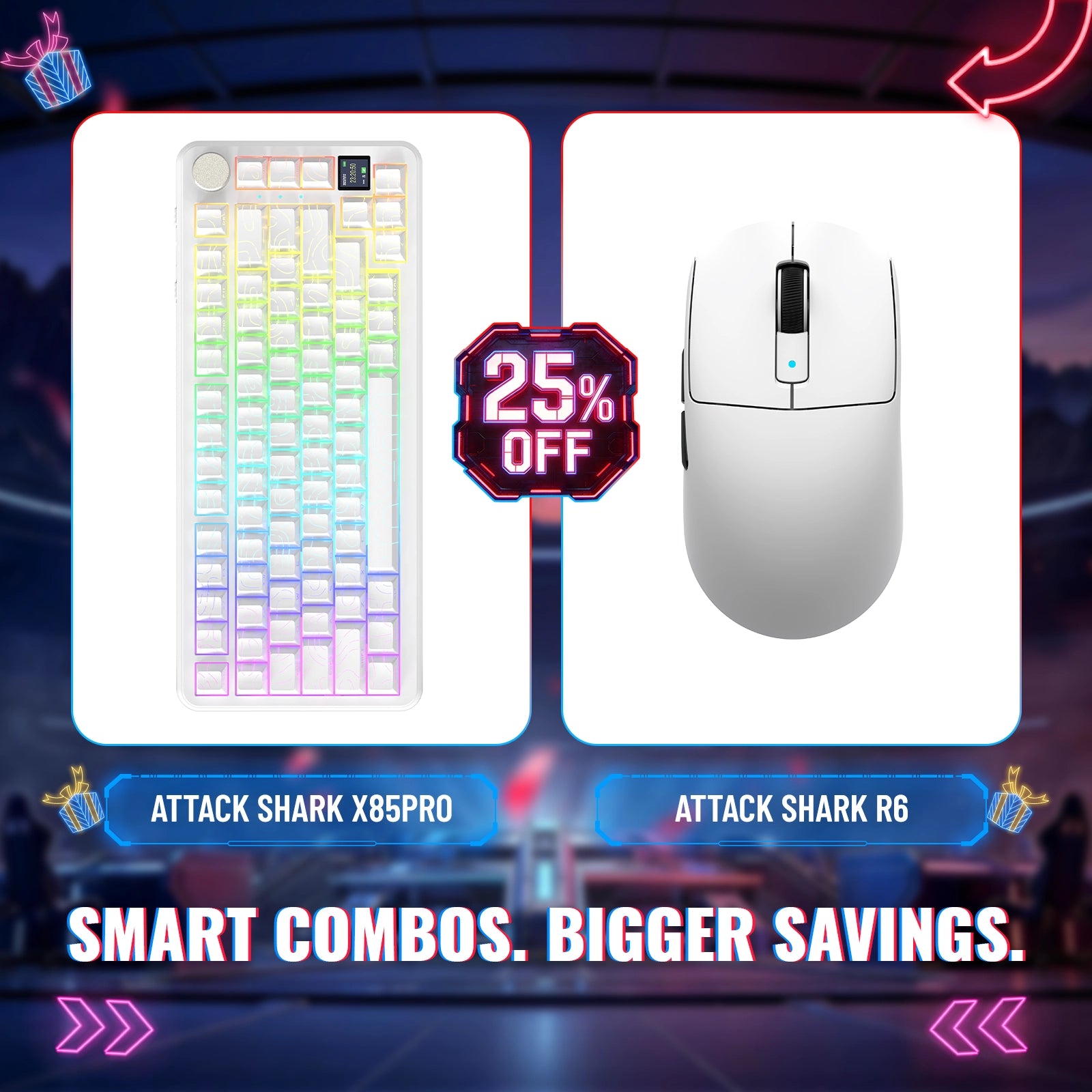 Teclado Mecânico com Gasket Tri-modo ATTACK SHARK X85PRO + Bundle de Mouse Gamer Sem Fio R6