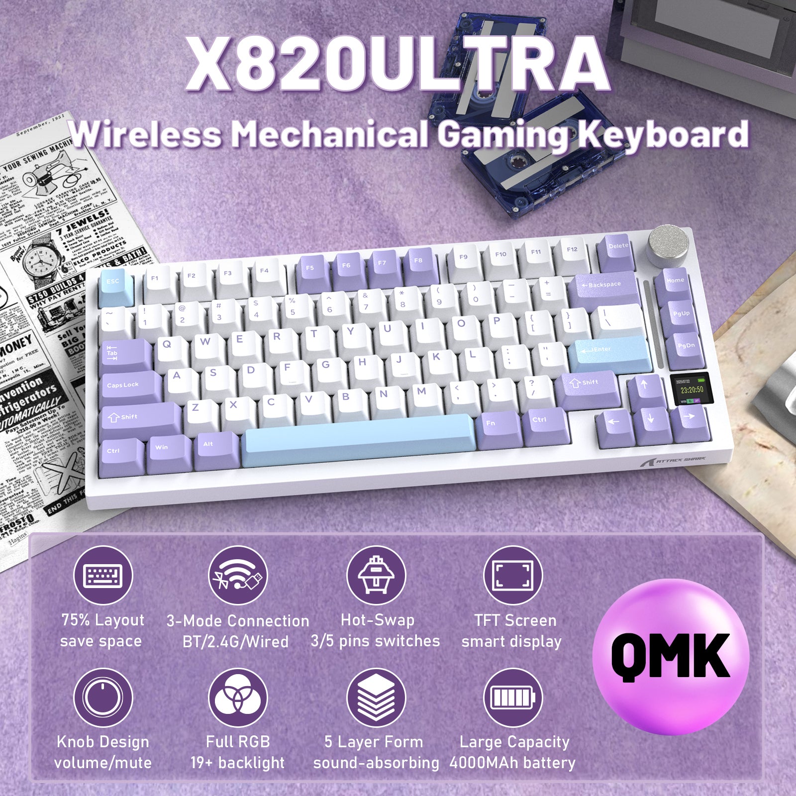 Teclado Mecânico ATTACK SHARK X820ULTRA com Cabo Enrolado C01ULTRA