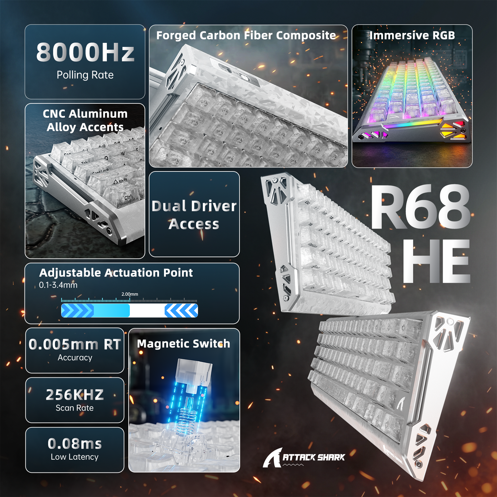 Teclado ATTACK SHARK R68 HE Rapid Trigger com Switch Magnético em Fibra de Carbono