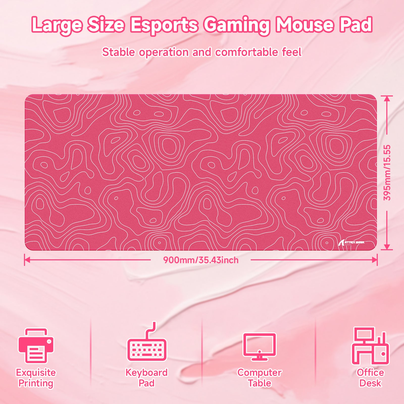 Pink large esports gaming mouse pad with topographic pattern, 900x400mm