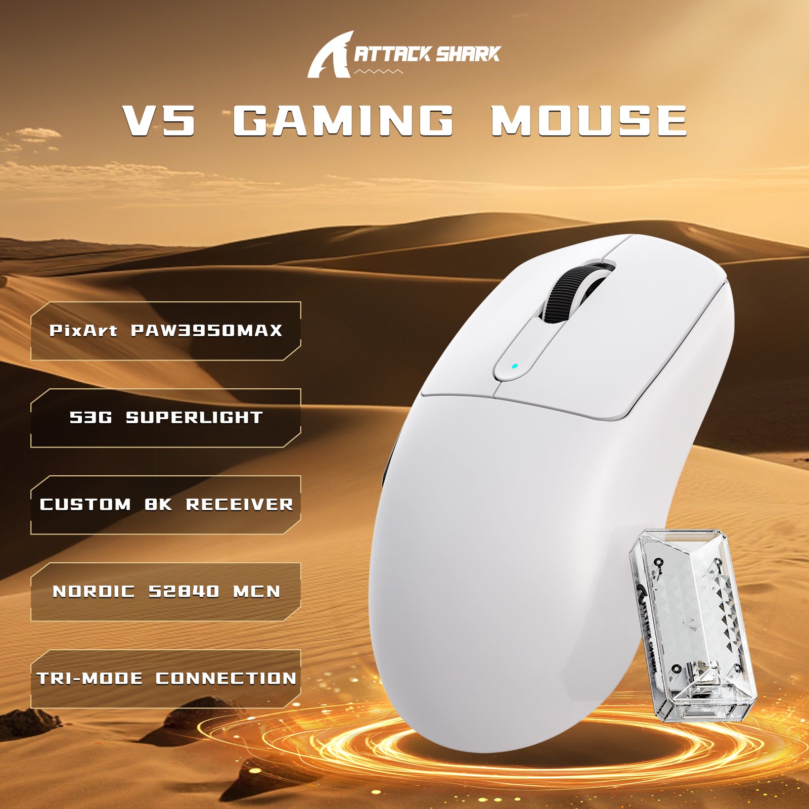Mouse Gamer Sem Fio ATTACK SHARK V5 8KHz PAW3950MAX com Cabo C06 Ultra
