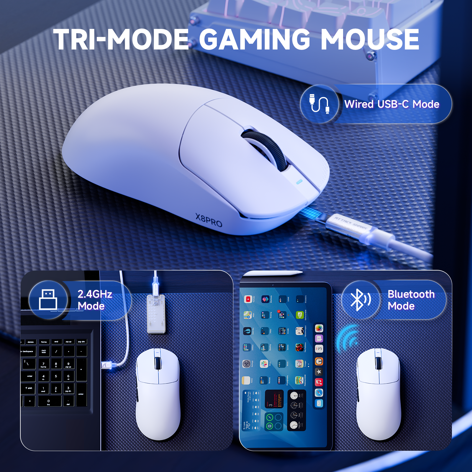Mouse Gamer Sem Fio Ultra-Leve ATTACK SHARK X8PRO & Cabo C06ULTRA