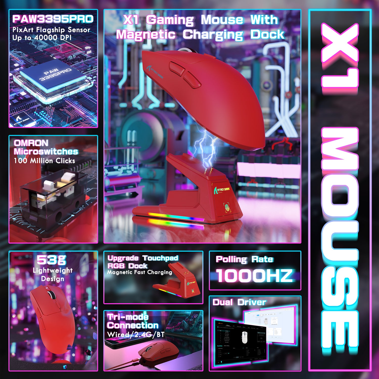ATTACK SHARK X1 gaming mouse with magnetic charging dock, PAW3395PRO sensor, and RGB lighting, Tri-mode connection