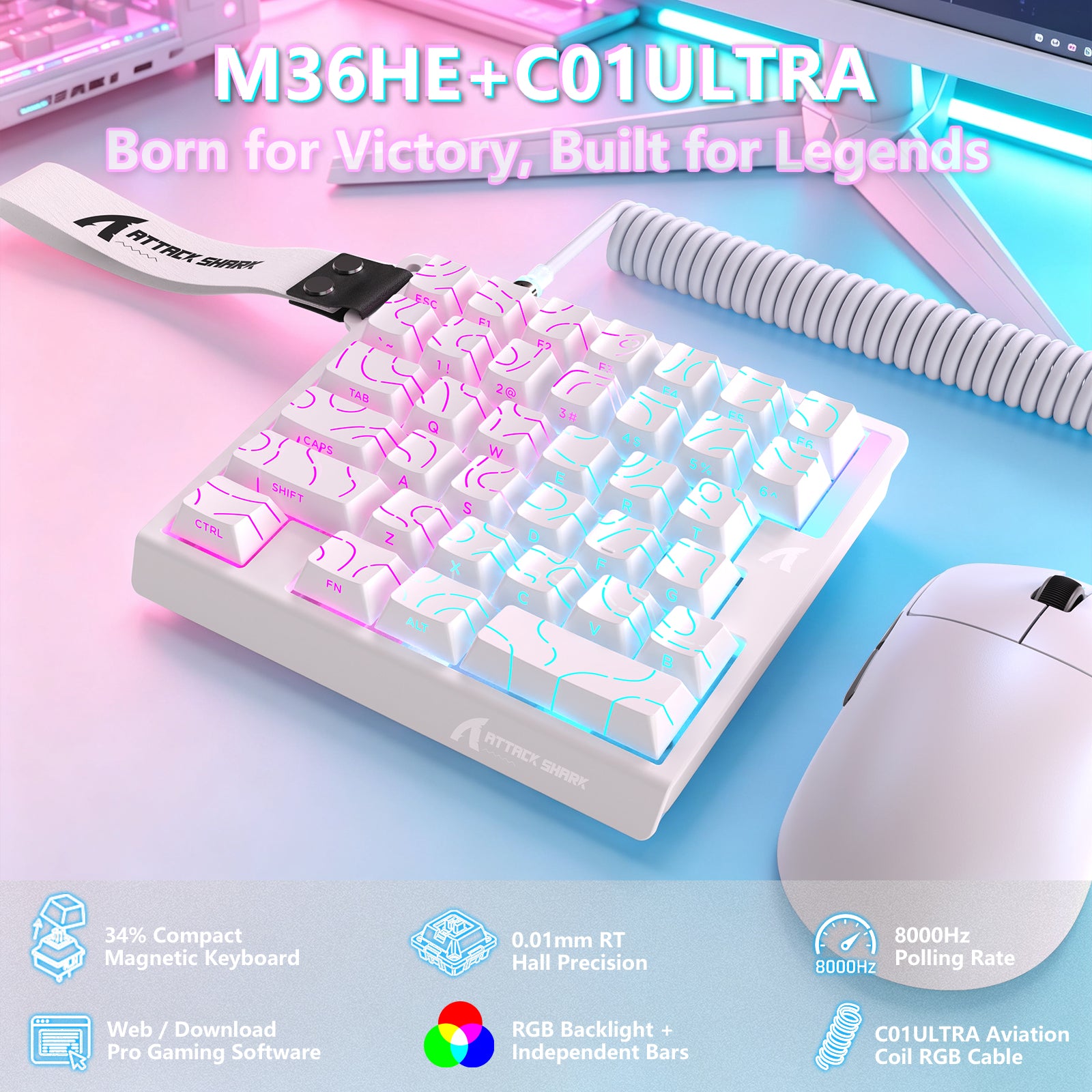 Teclado com Interruptor Magnético One-Handed ATTACK SHARK M36 HE & Cabo Aviador LED ULTRA C01