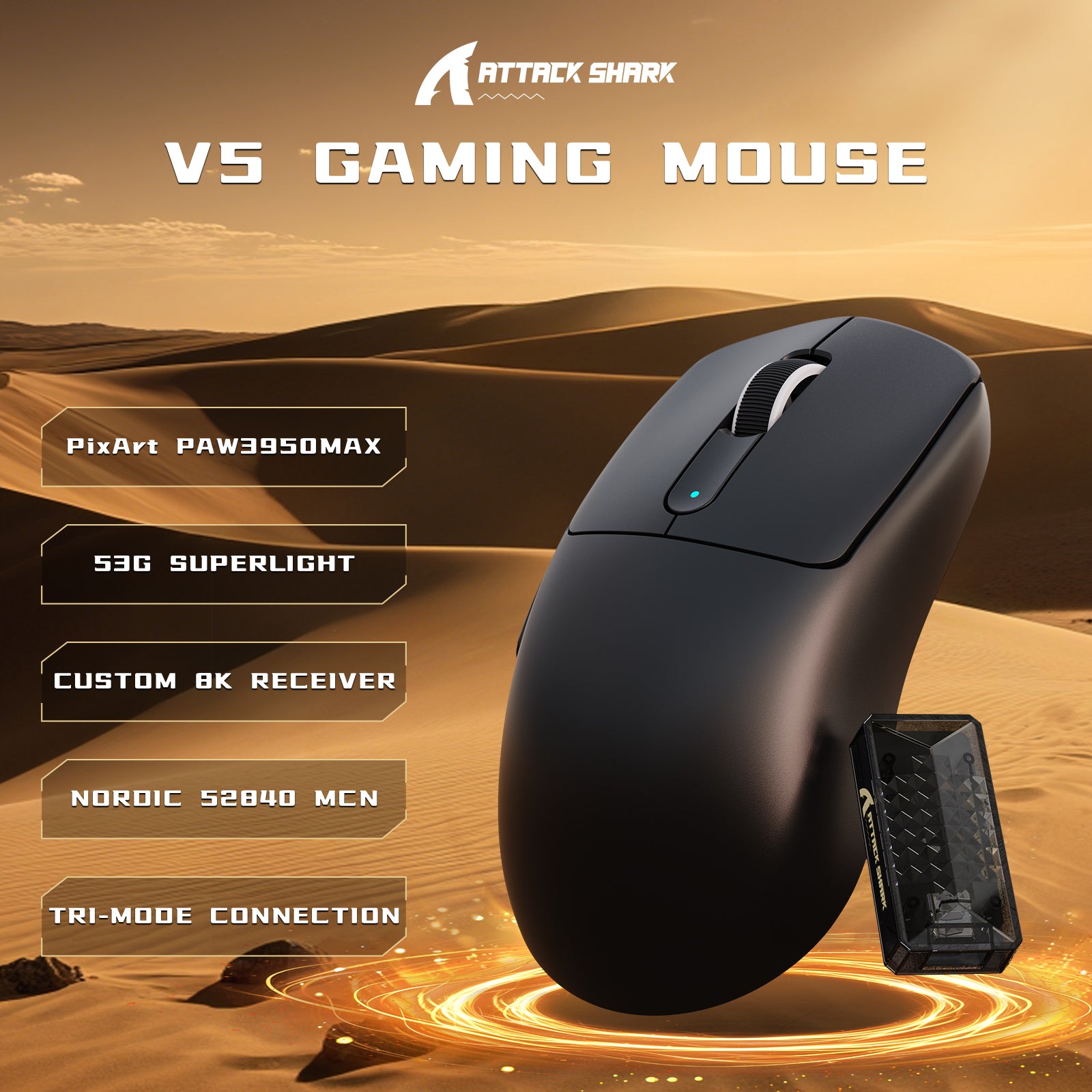 Mouse Gamer Sem Fio ATTACK SHARK V5 8KHz PAW3950MAX com Cabo C06 Ultra