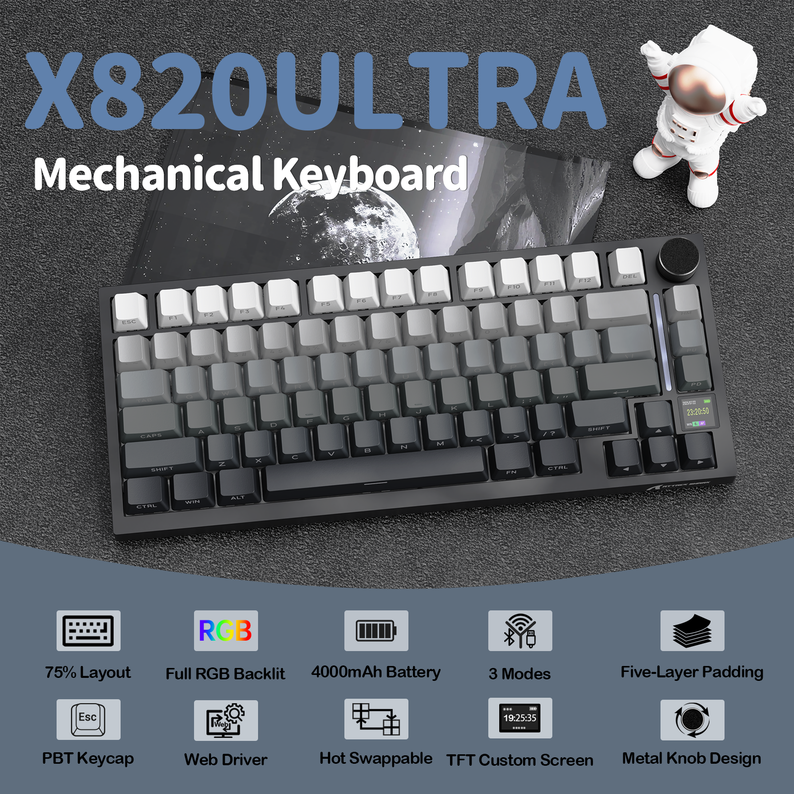 Teclado Mecânico Tri-modo ATTACK SHARK X820Ultra Gasket