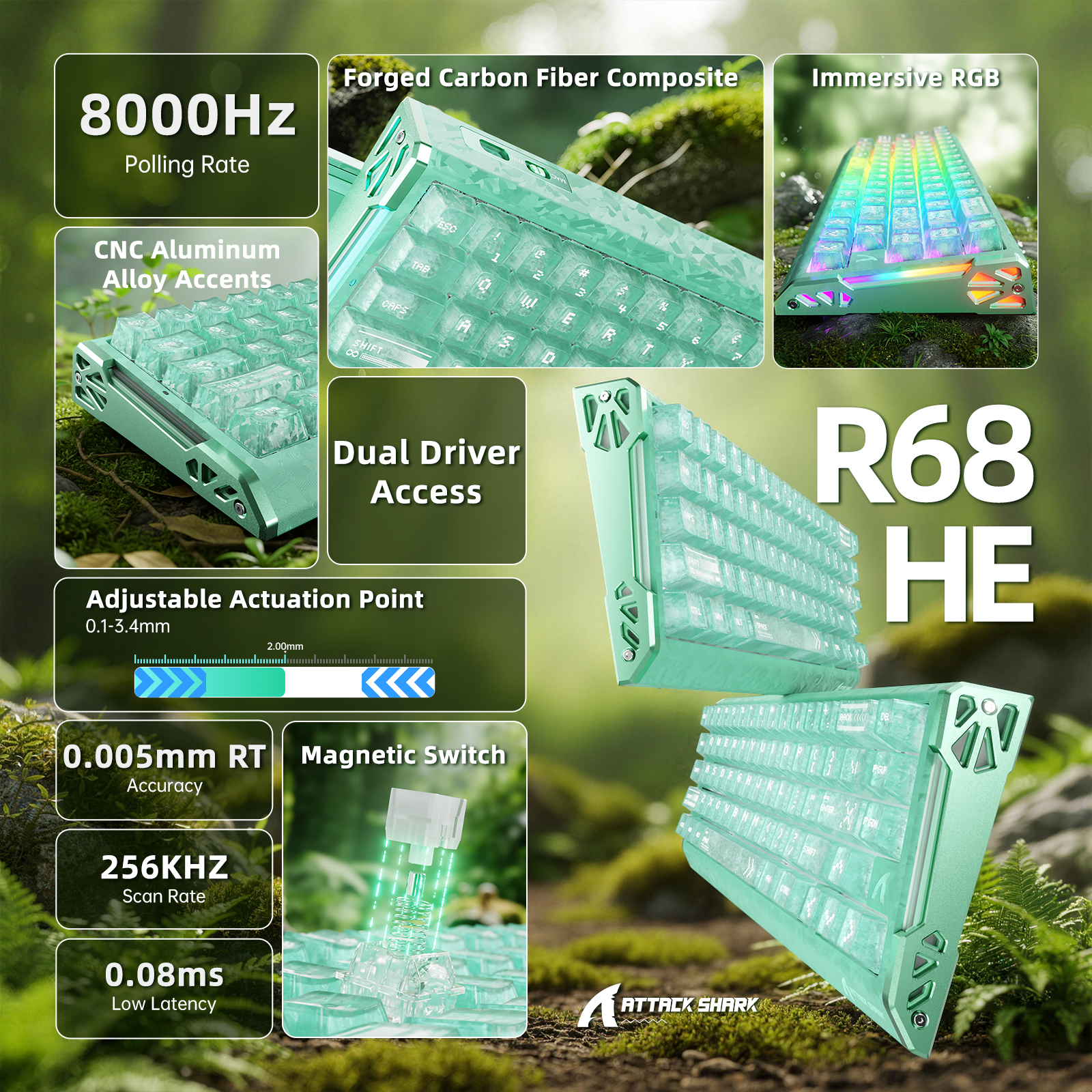 Teclado ATTACK SHARK R68 HE Rapid Trigger com Switch Magnético em Fibra de Carbono