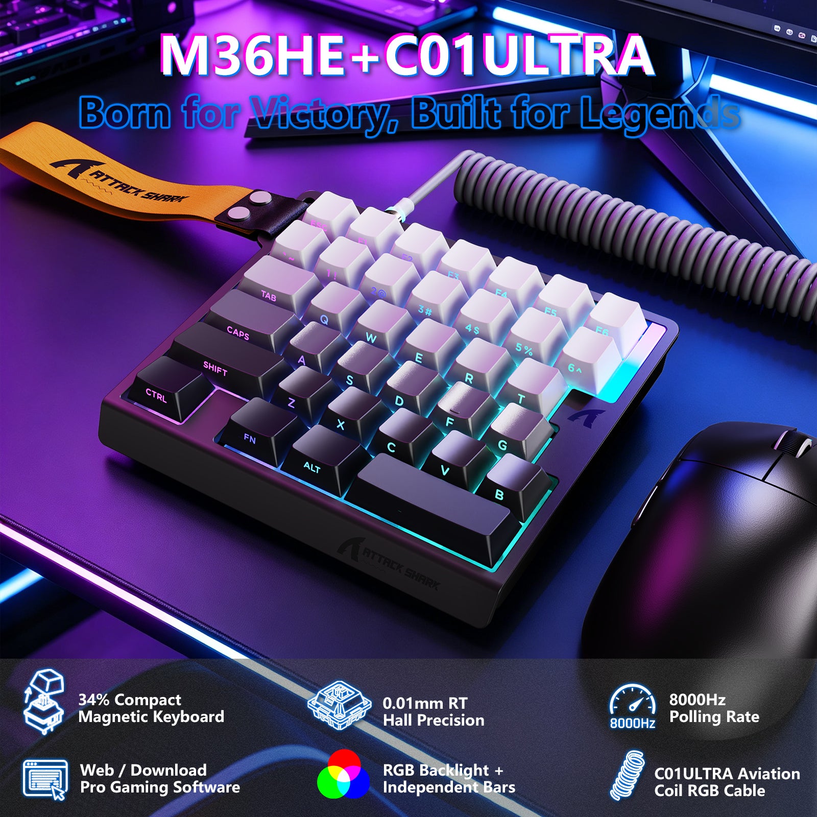 Teclado com Interruptor Magnético One-Handed ATTACK SHARK M36 HE & Cabo Aviador LED ULTRA C01