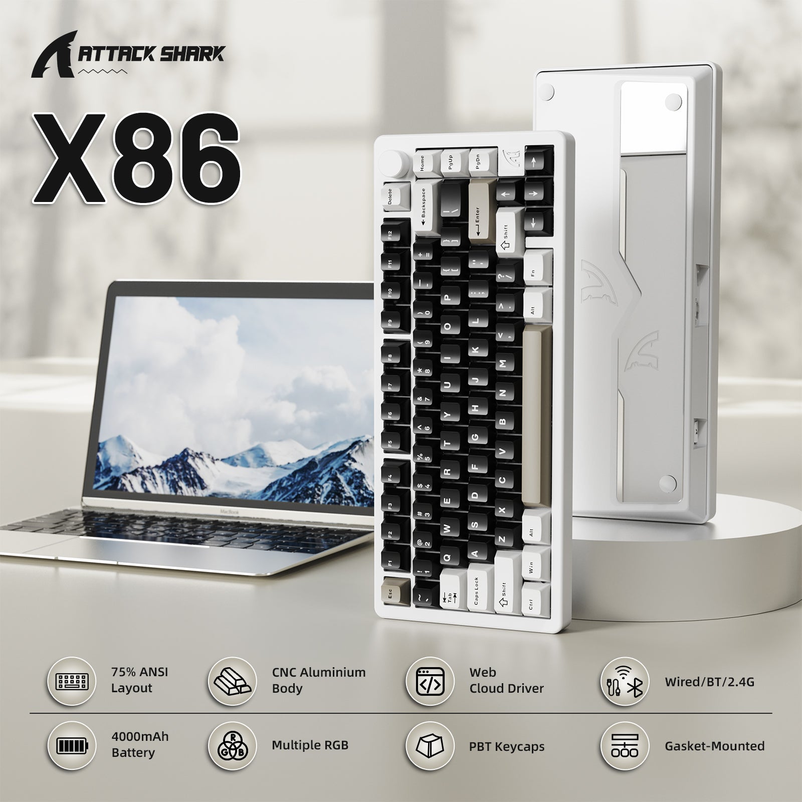 ATTACK SHARK X86 mechanical keyboard with white CNC aluminum body, PBT keycaps, and RGB lighting