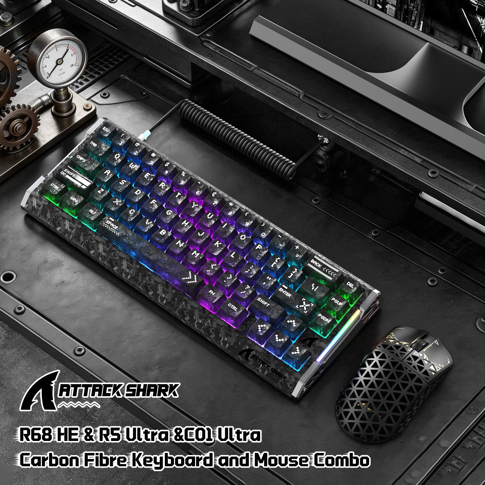 Pacote Gamer ATTACK SHARK R68 HE & R5 ULTRA Fibra de Carbono com Cabo Enrolado C01 ULTRA