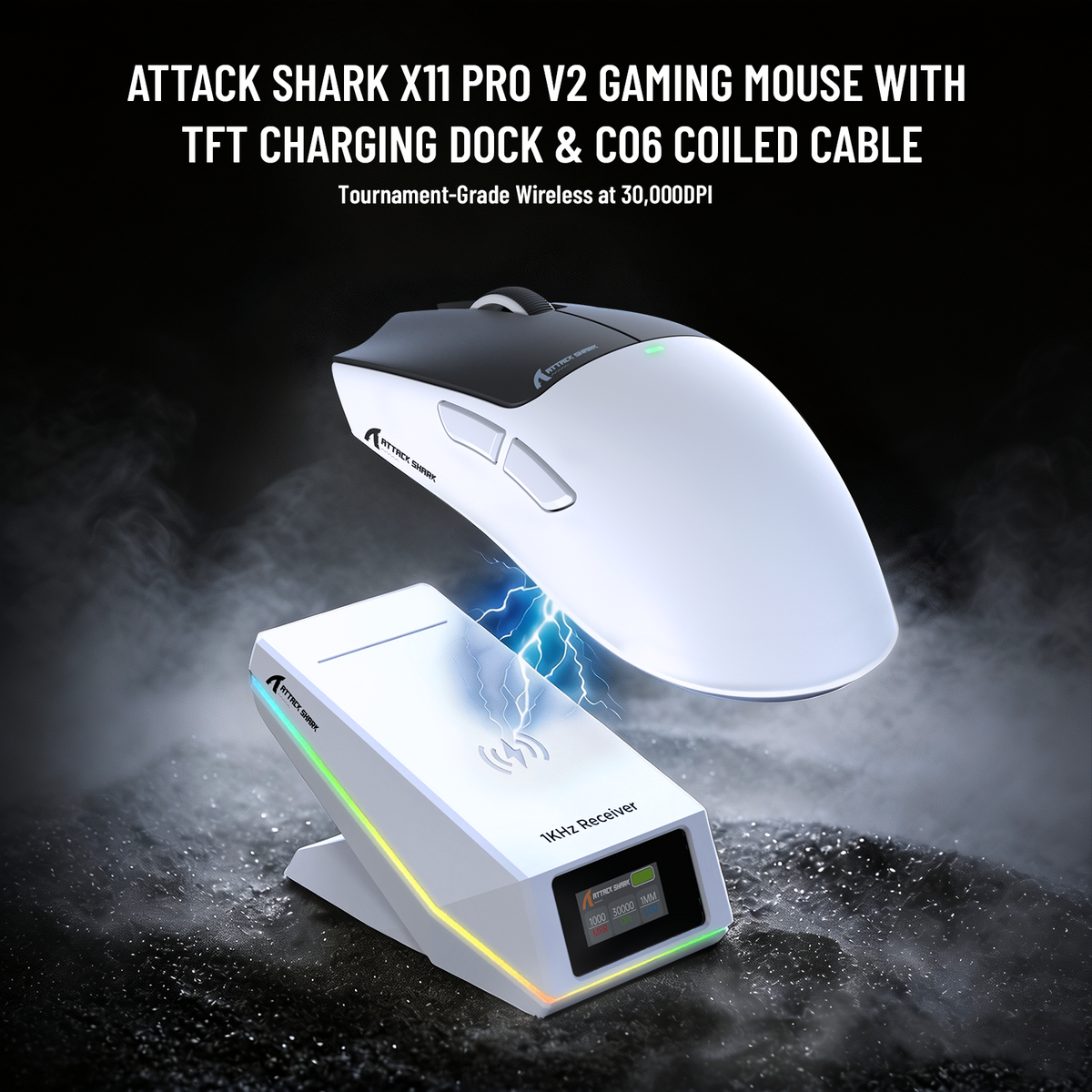 Mouse Gamer Sem Fio ATTACK SHARK X11 PRO V2 com Tela TFT e Base de Carregamento com Cabo Enrolado C06