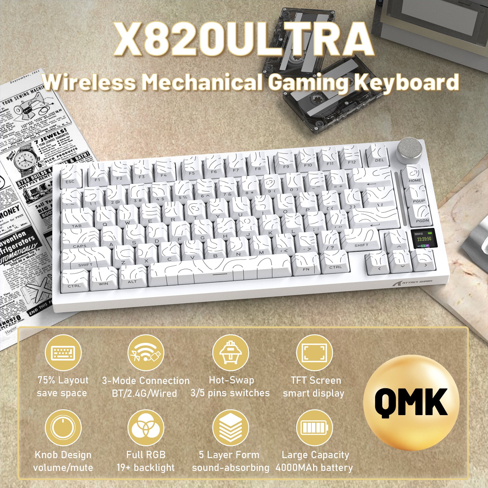 Teclado Mecânico ATTACK SHARK X820ULTRA com Cabo Enrolado C01ULTRA
