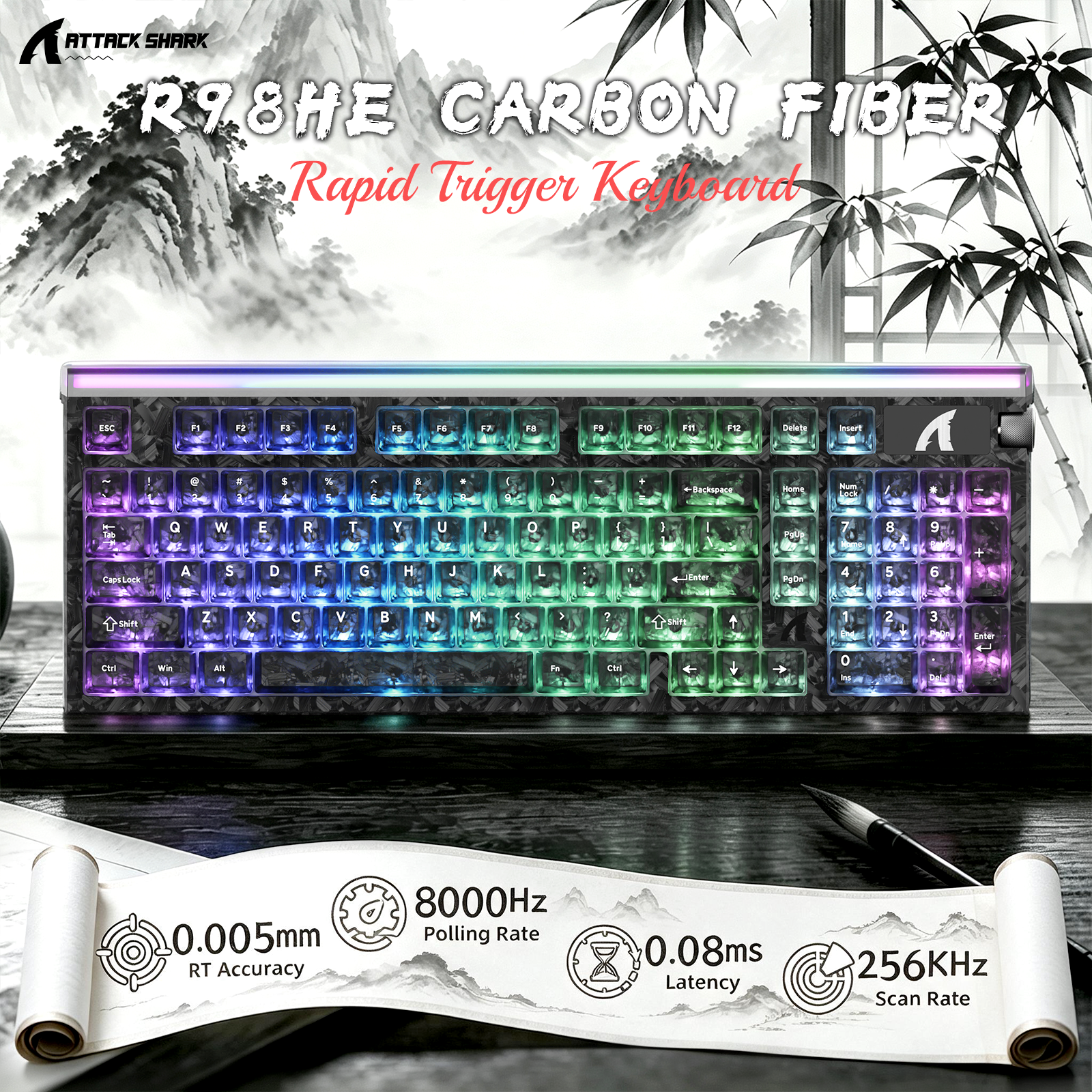 Teclado com fio ATTACK SHARK R98 HE Carbon Fiber, gatilho rápido, interruptor magnético, com cabo enrolado C01 Ultra RGB