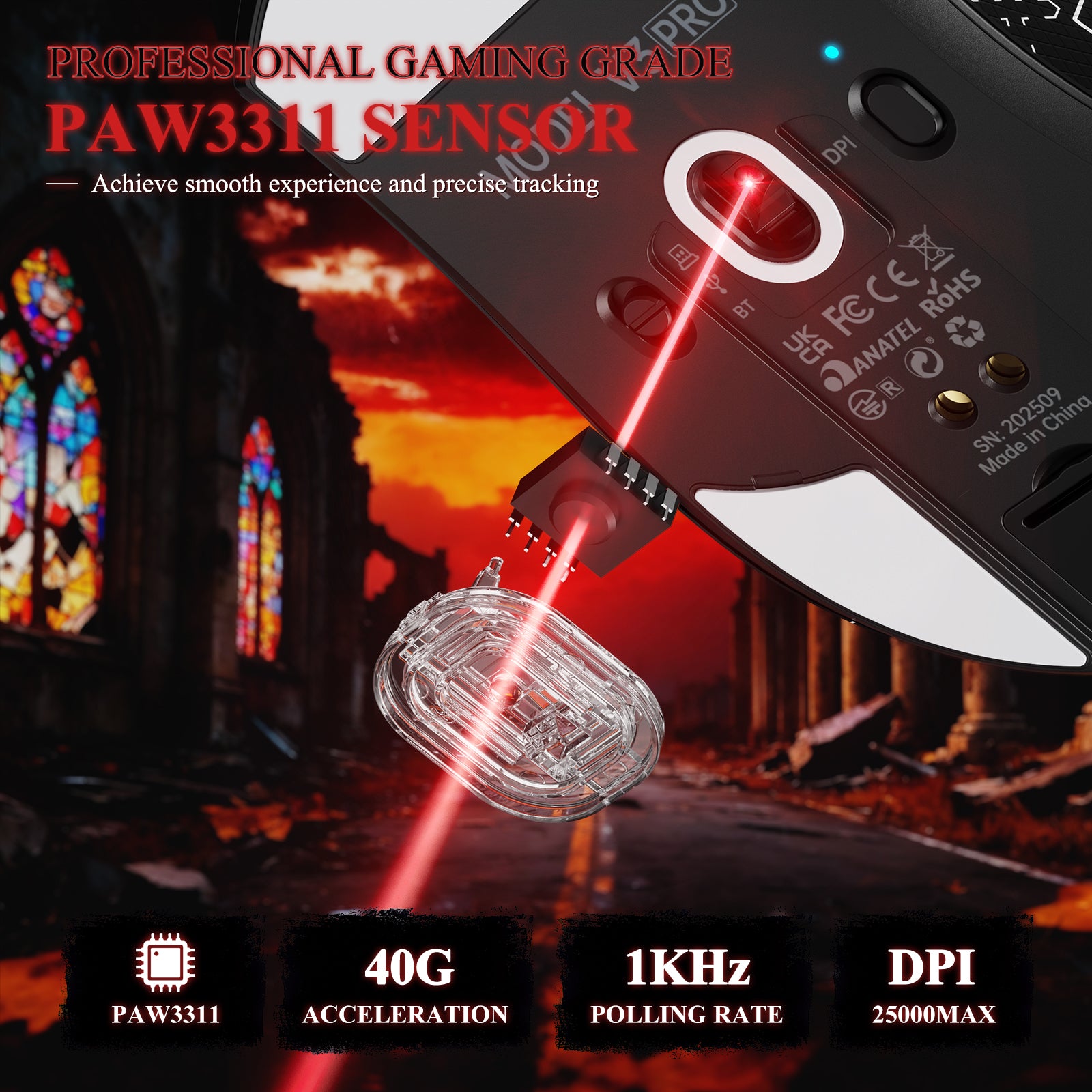 Mouse Gamer Tri-modo Ultra-Leve ATTACK SHARK V3PRO com Dock de Carregamento