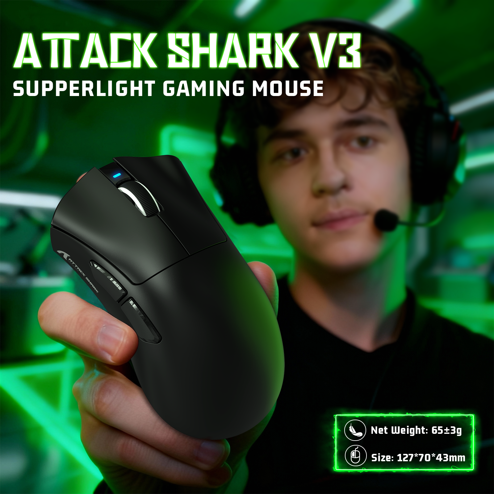 Mouse Gamer Tri-modo Ultra-Leve ATTACK SHARK V3