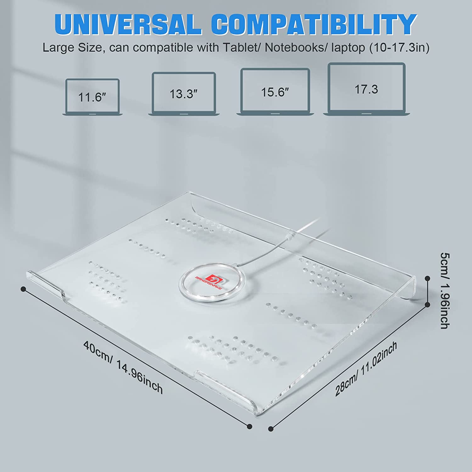 Transparent acrylic laptop riser with ventilation holes, 40 x 28 cm, fits 10-17.3 inch laptops