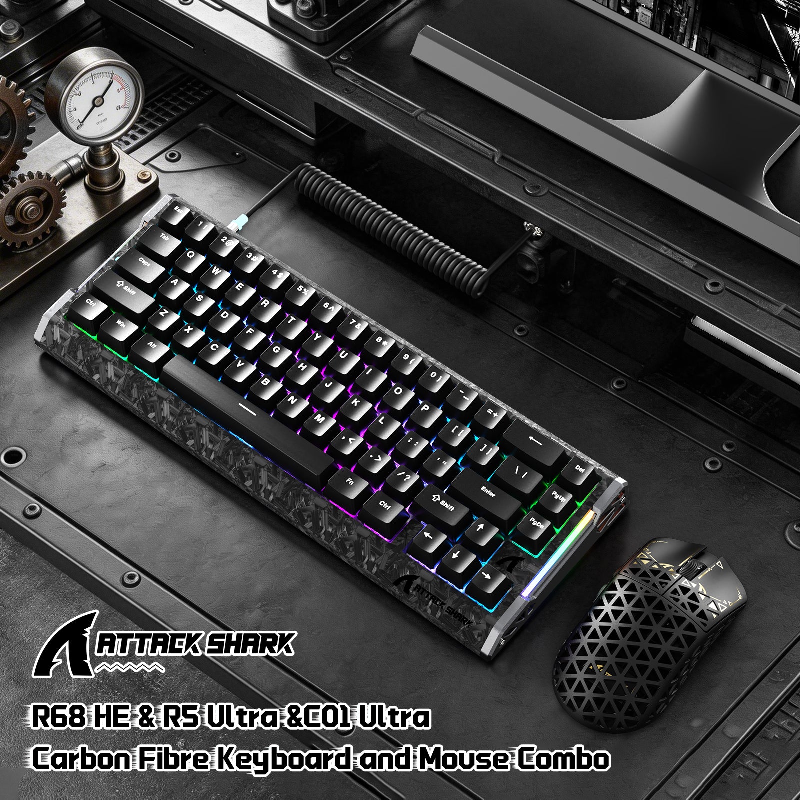 Pacote Gamer ATTACK SHARK R68 HE & R5 ULTRA Fibra de Carbono com Cabo Enrolado C01 ULTRA