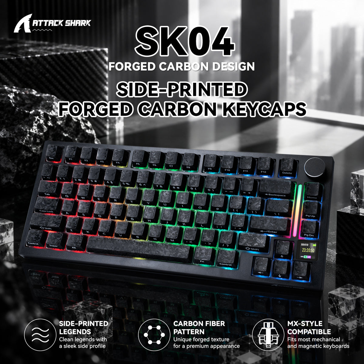 ATTACK SHARK SK04 119 teclas, keycaps de cristal de fibra de carbono forjado, ANSI/ISO