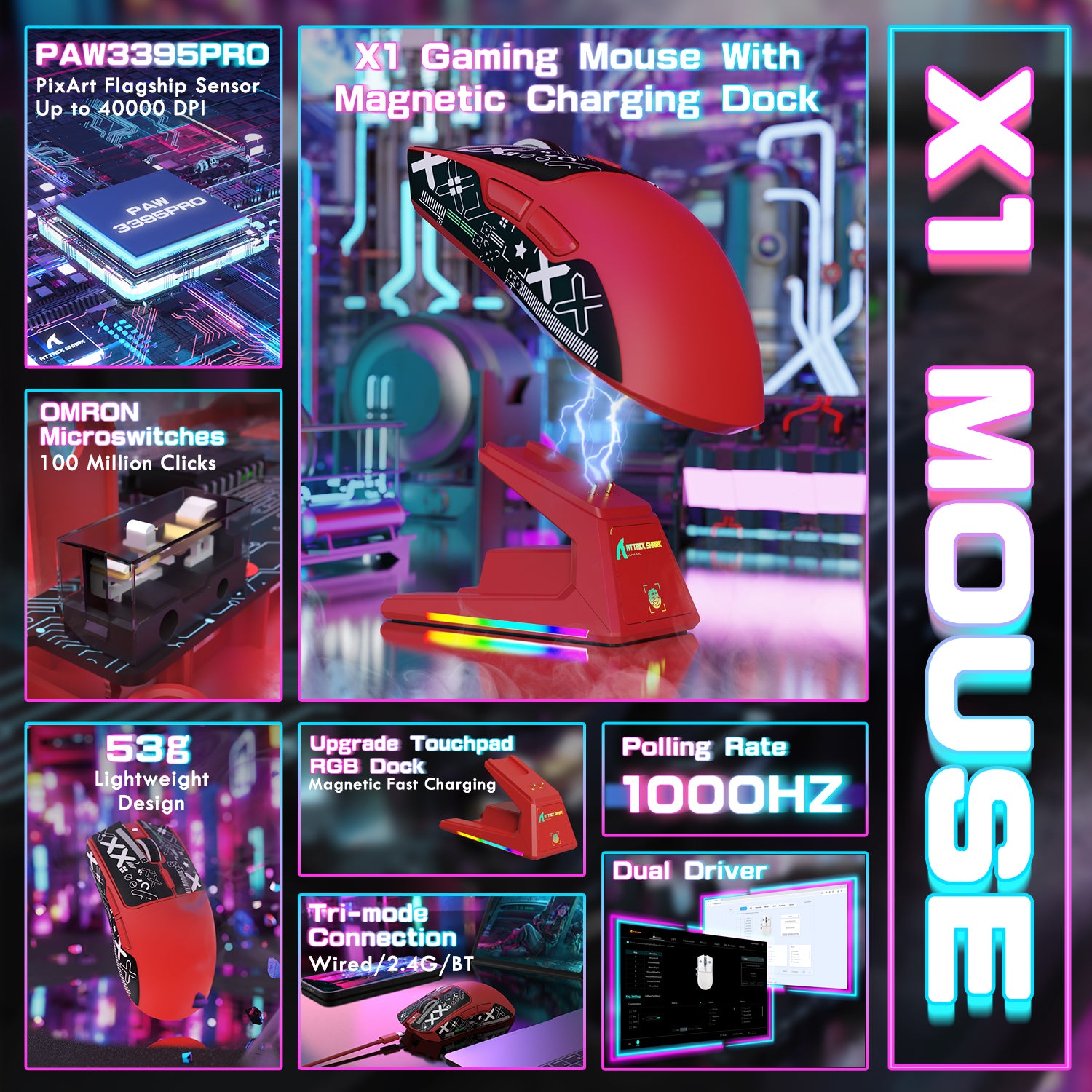 ATTACK SHARK X1 Tri-mode Gaming Mouse with PAW3395PRO sensor and RGB charging dock