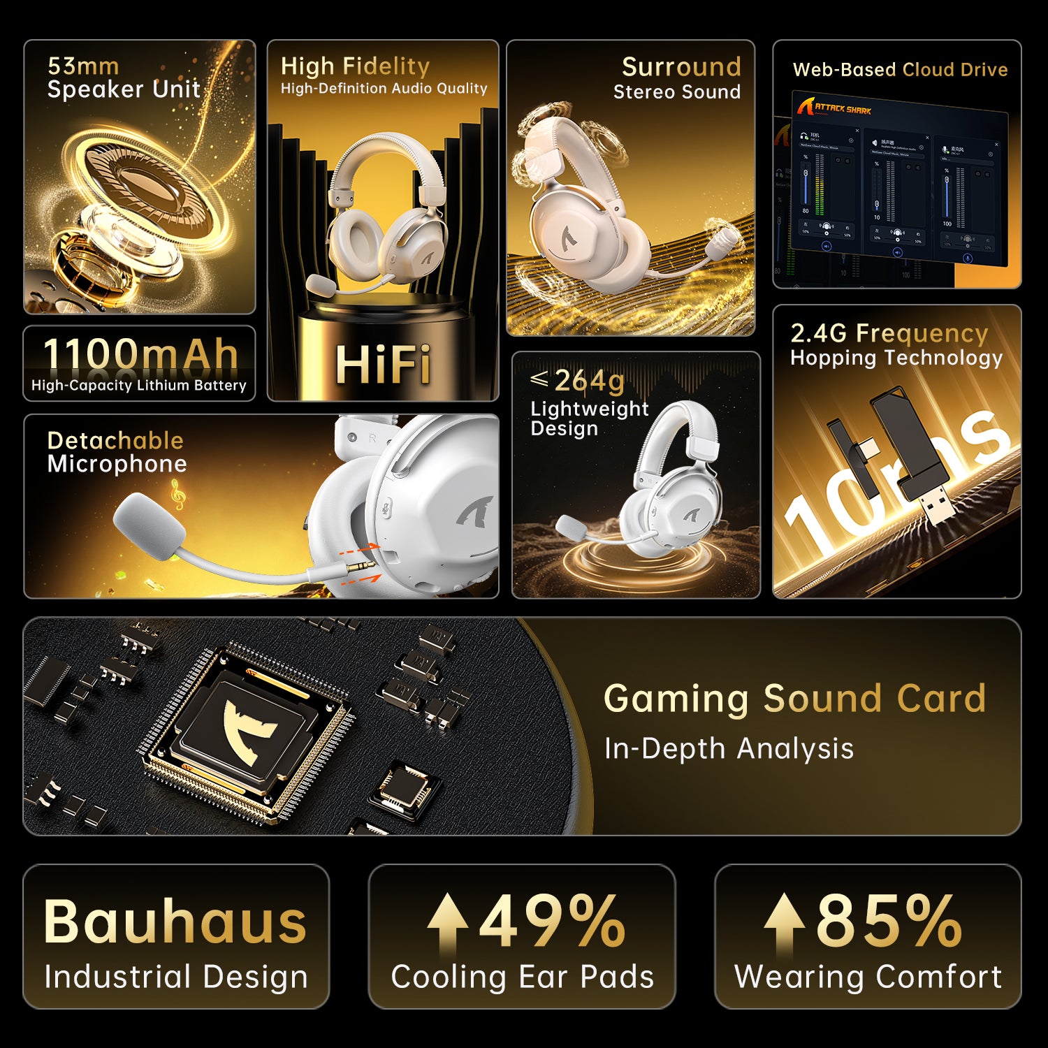Headset Gamer Sem Fio ATTACK SHARK L50PRO com Conexão Tri-Mode