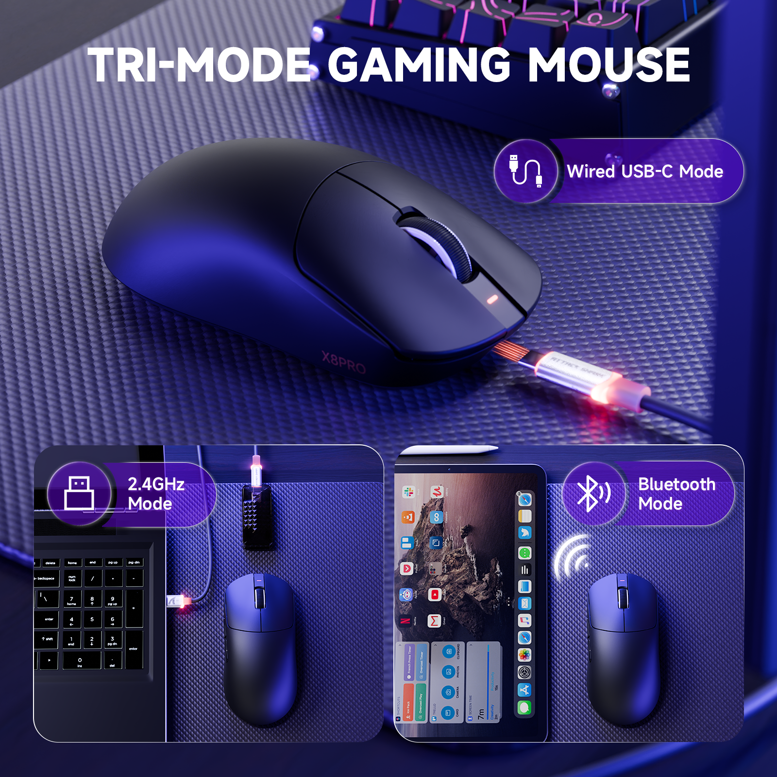 Mouse Gamer Sem Fio Ultra-Leve ATTACK SHARK X8PRO & Cabo C06ULTRA