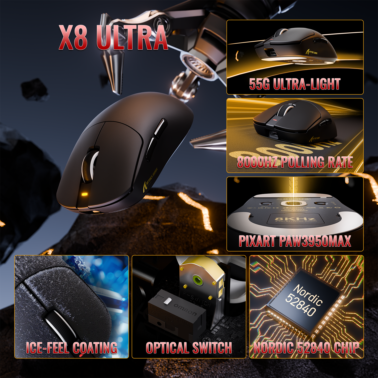 Mouse Gamer Sem Fio Leve Tri-modo ATTACK SHARK Série X8