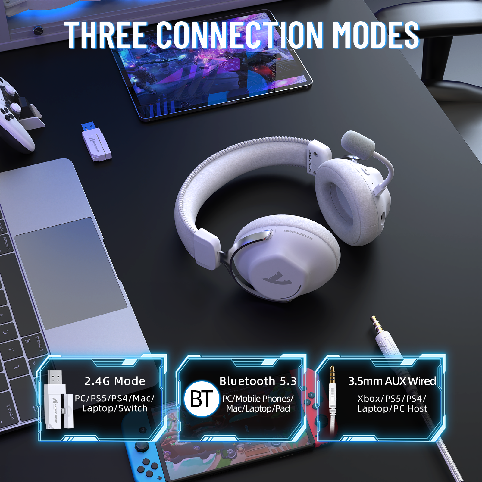 Headset Gamer Sem Fio ATTACK SHARK L50 PRO com Três Modos