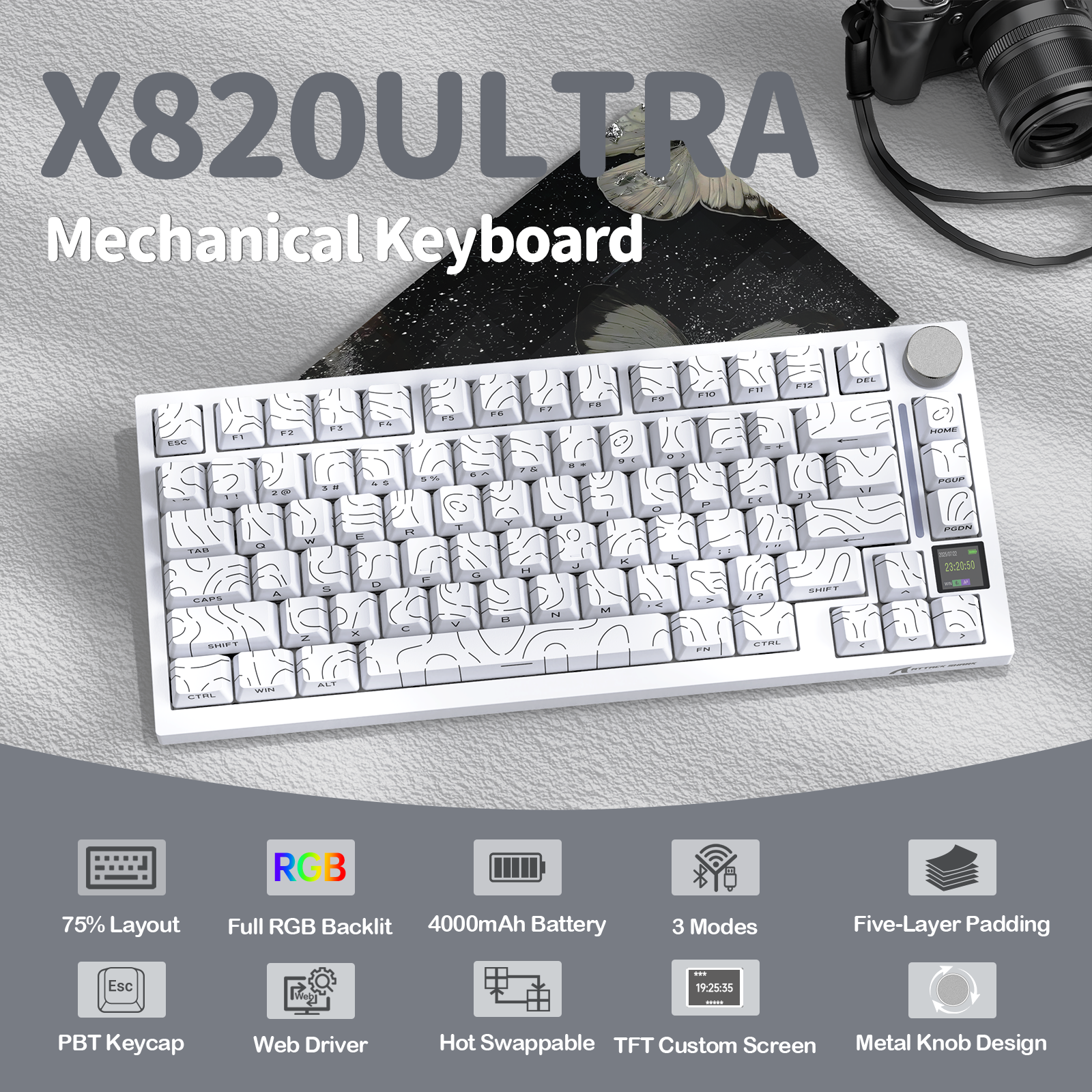 Teclado Mecânico Tri-modo ATTACK SHARK X820Ultra Gasket