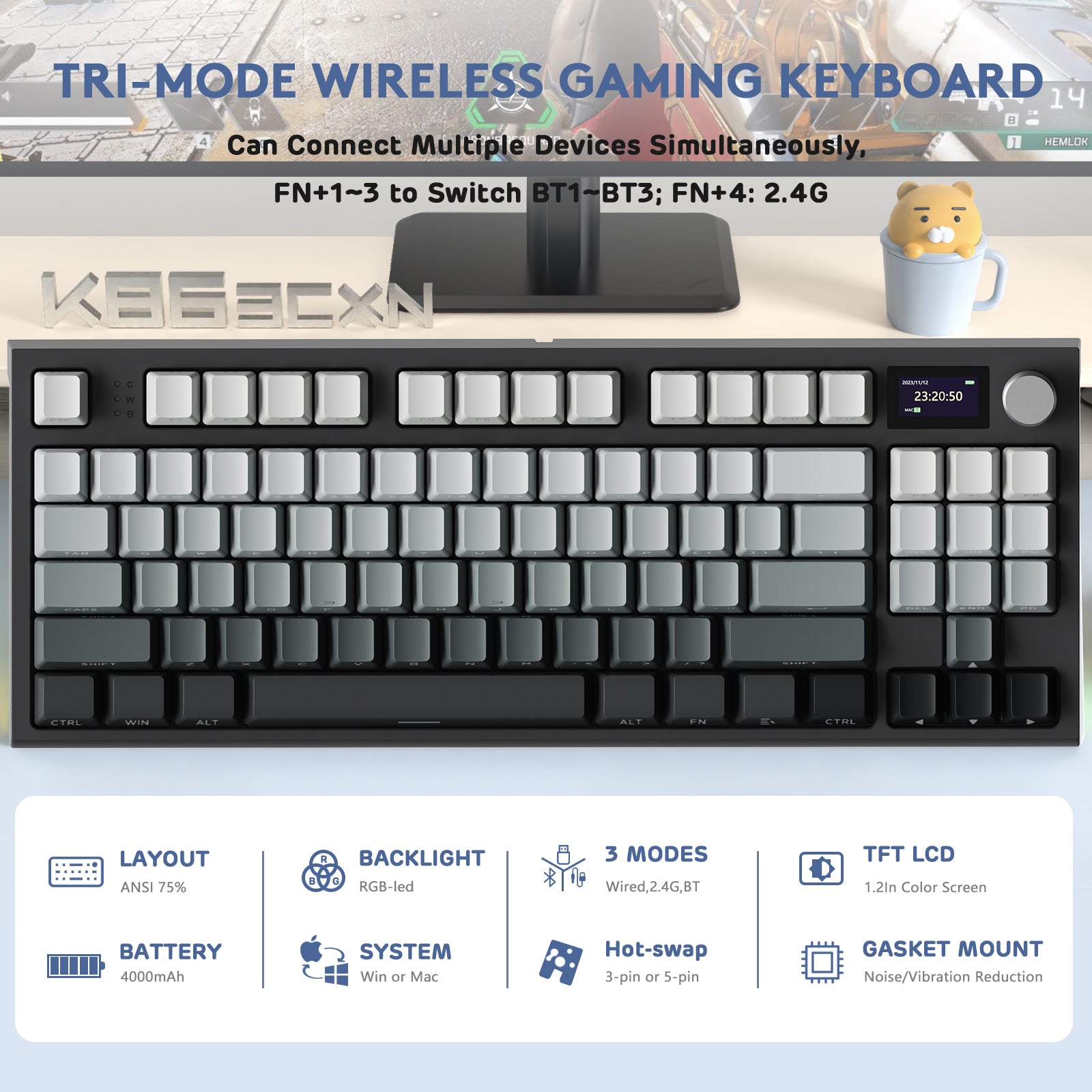 ATTACK SHARK K86PRO 75% wireless mechanical keyboard with RGB lighting, TFT color display, and knob.