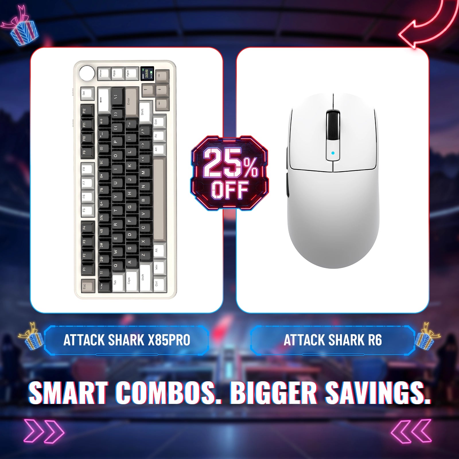 Teclado Mecânico com Gasket Tri-modo ATTACK SHARK X85PRO + Bundle de Mouse Gamer Sem Fio R6