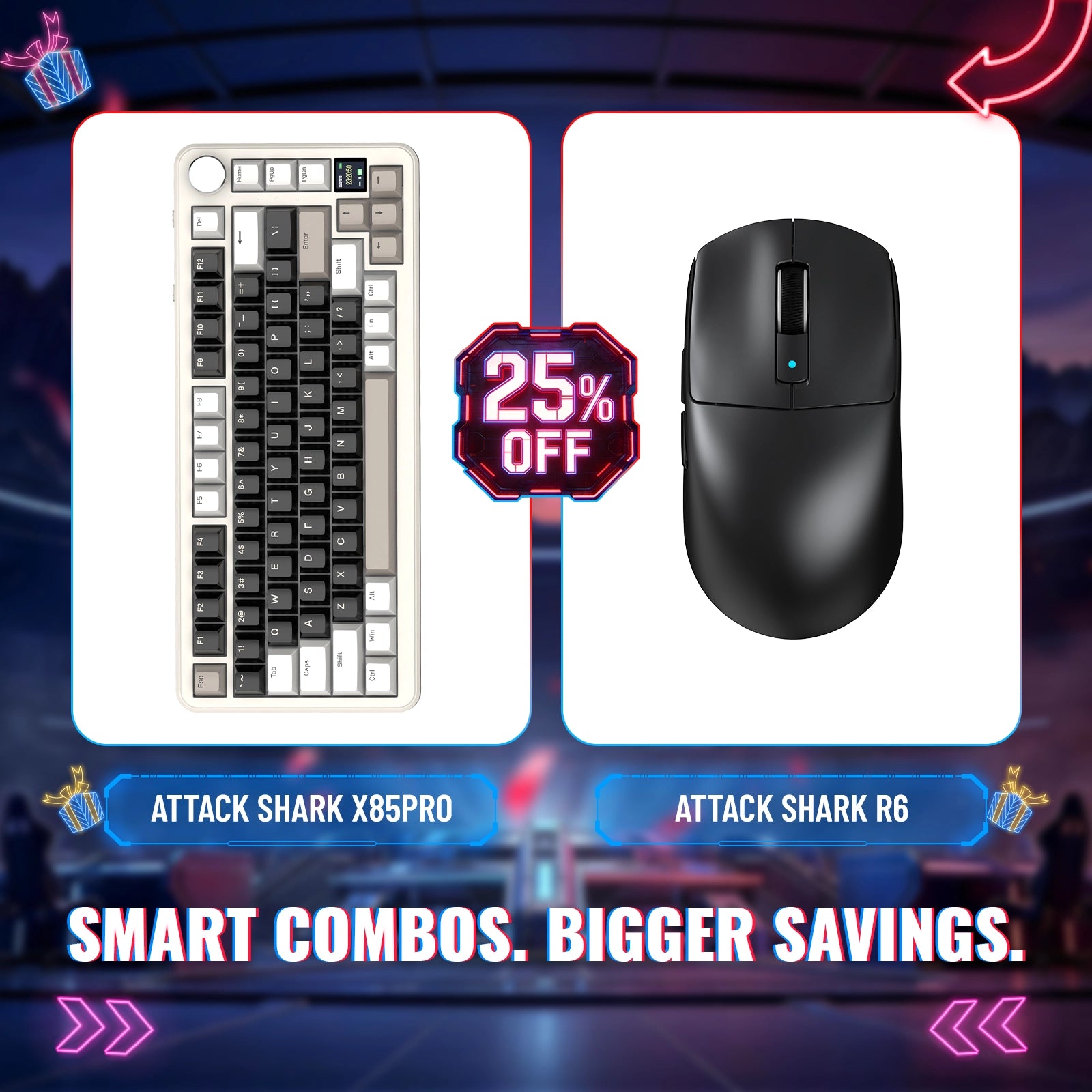 Teclado Mecânico com Gasket Tri-modo ATTACK SHARK X85PRO + Bundle de Mouse Gamer Sem Fio R6