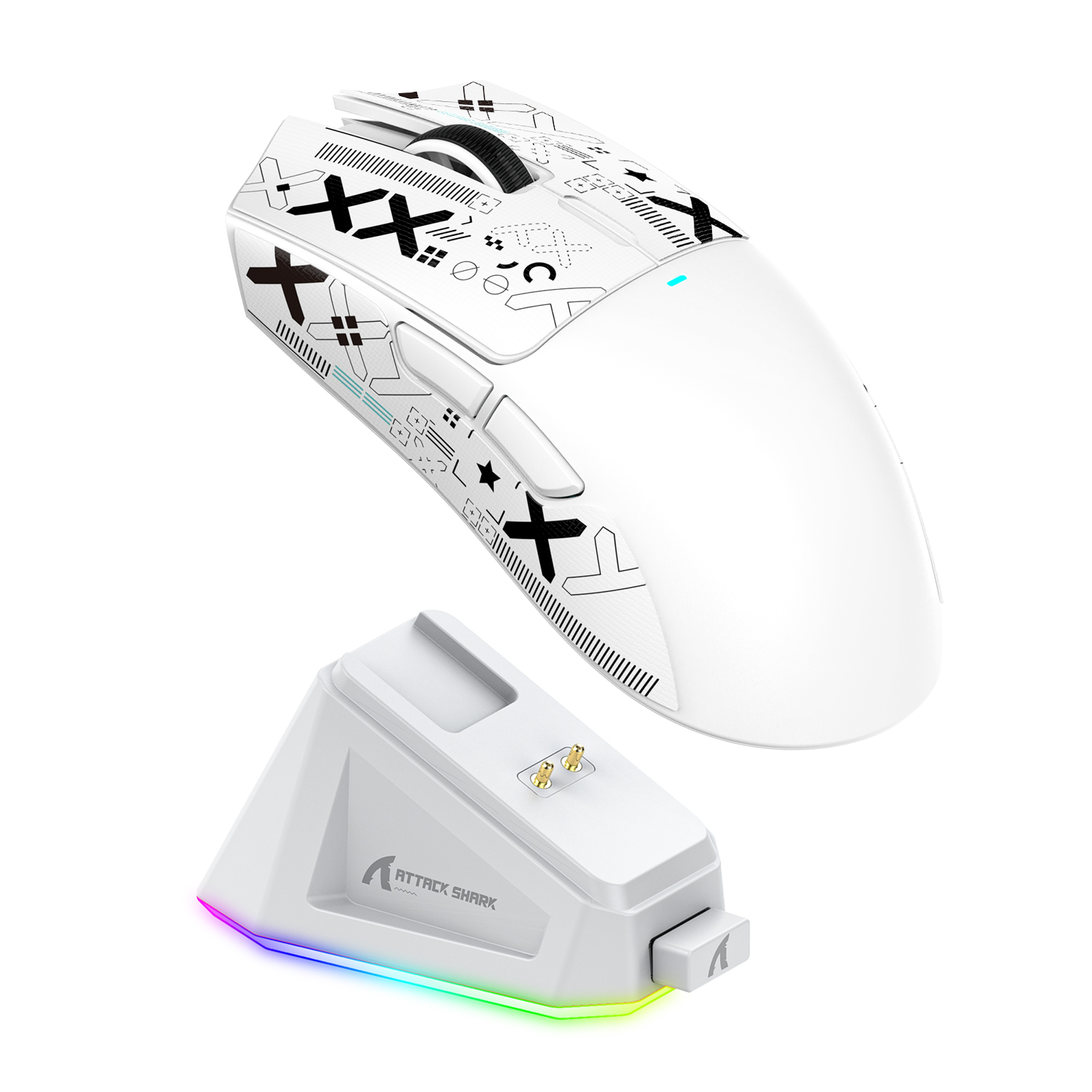 ATTACK SHARK X11 wireless gaming mouse with custom graphics on a white charging dock with RGB lighting.