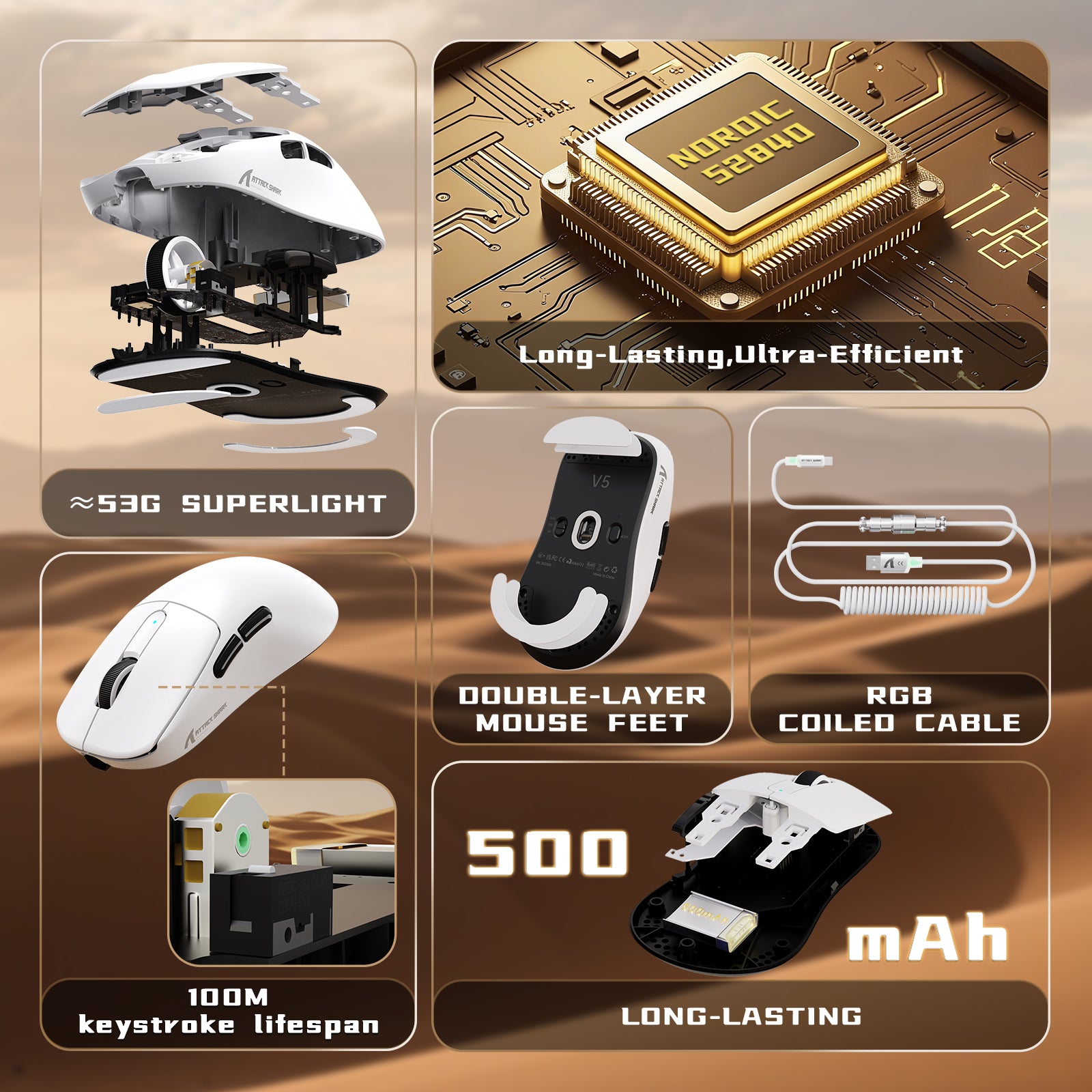 Mouse Gamer Sem Fio ATTACK SHARK V5 8KHz PAW3950MAX com Cabo C06 Ultra