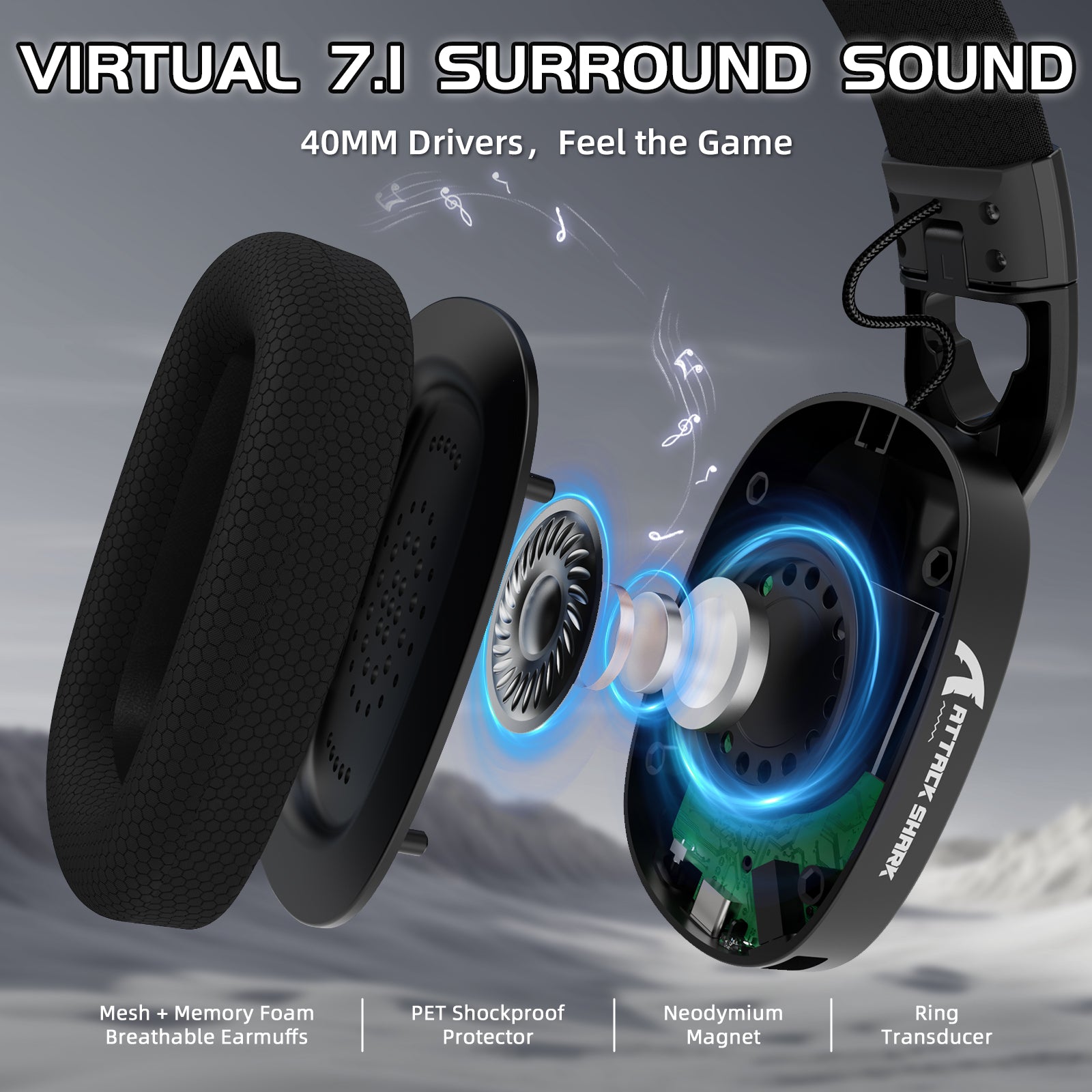 ATTACK SHARK L90 gaming headset components, 7.1 surround sound, black design