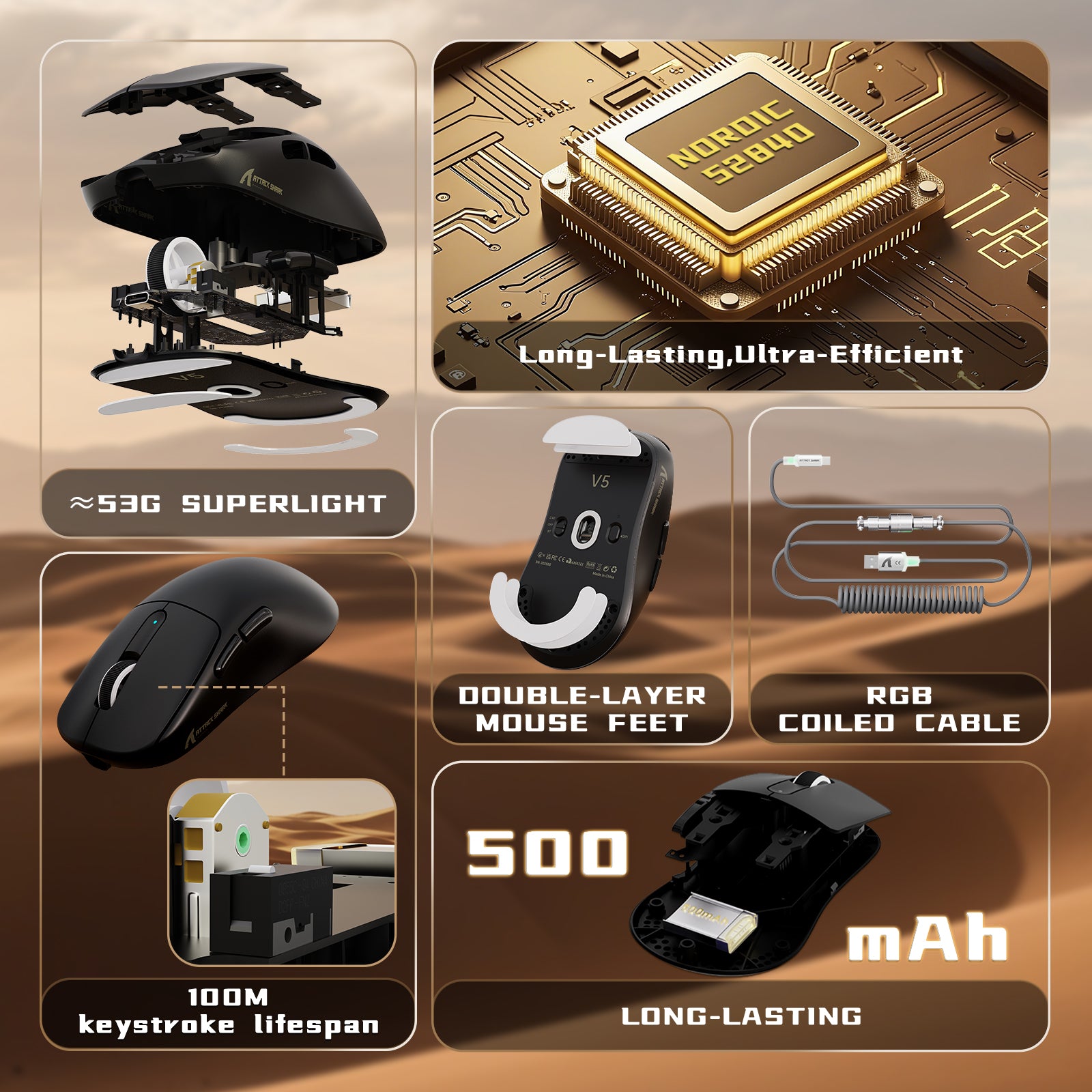 Mouse Gamer Sem Fio ATTACK SHARK V5 8KHz PAW3950MAX com Cabo C06 Ultra
